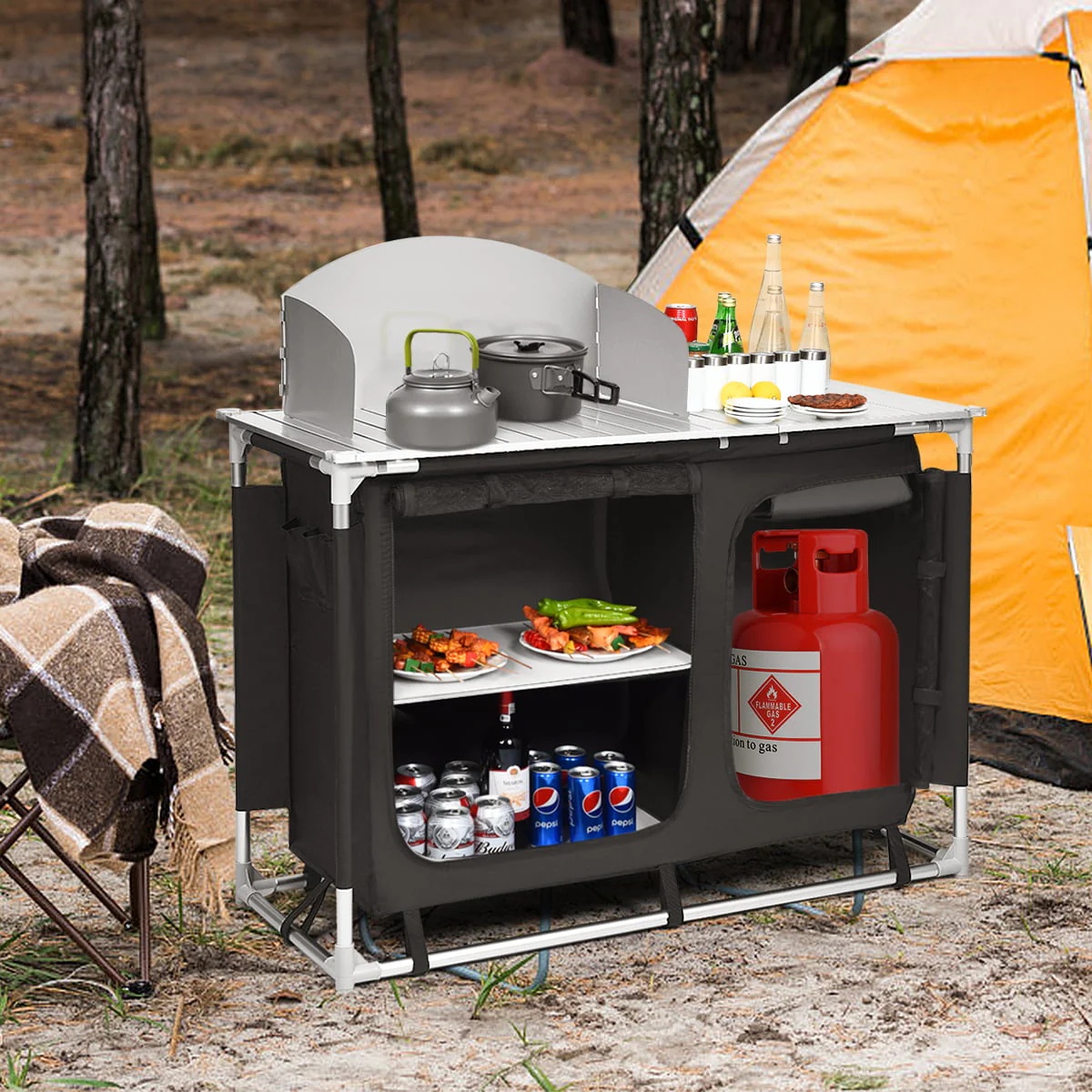 Goplus Portable BBQ Camping Grill Table Kitchen Sink Station w/ Storage Organizer Basin - Image 2