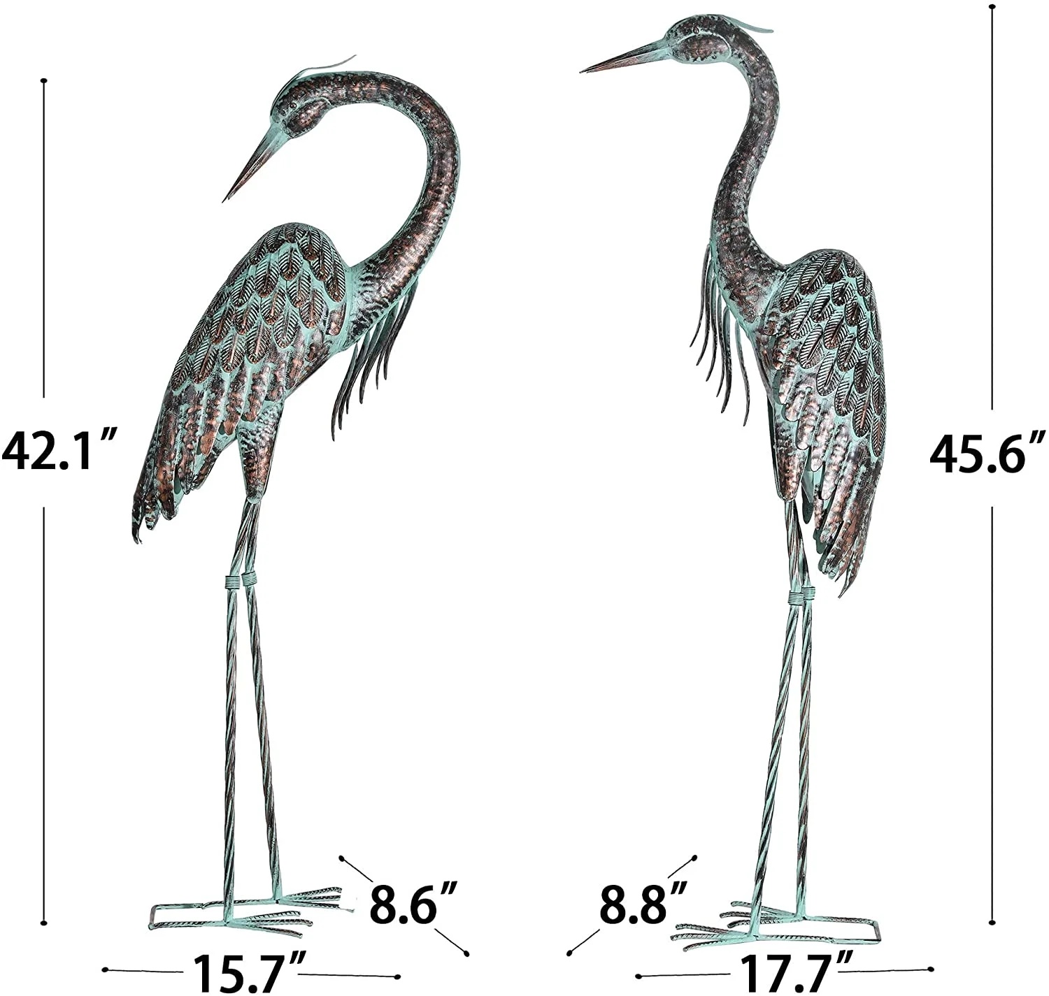 Garden Crane Statues, Standing Metal Patina Heron Decoy Outdoor Statue, 42-46 Inch Bird Yard Art for Patio Lawn Pond, Set of 2 - Image 2