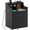 Nightstand with 3 Storage Drawers and Hutch, Black Night Stand with Charging Station End Side Table with 1 Door, Modern Bedside Table for Bedroom - Image 6