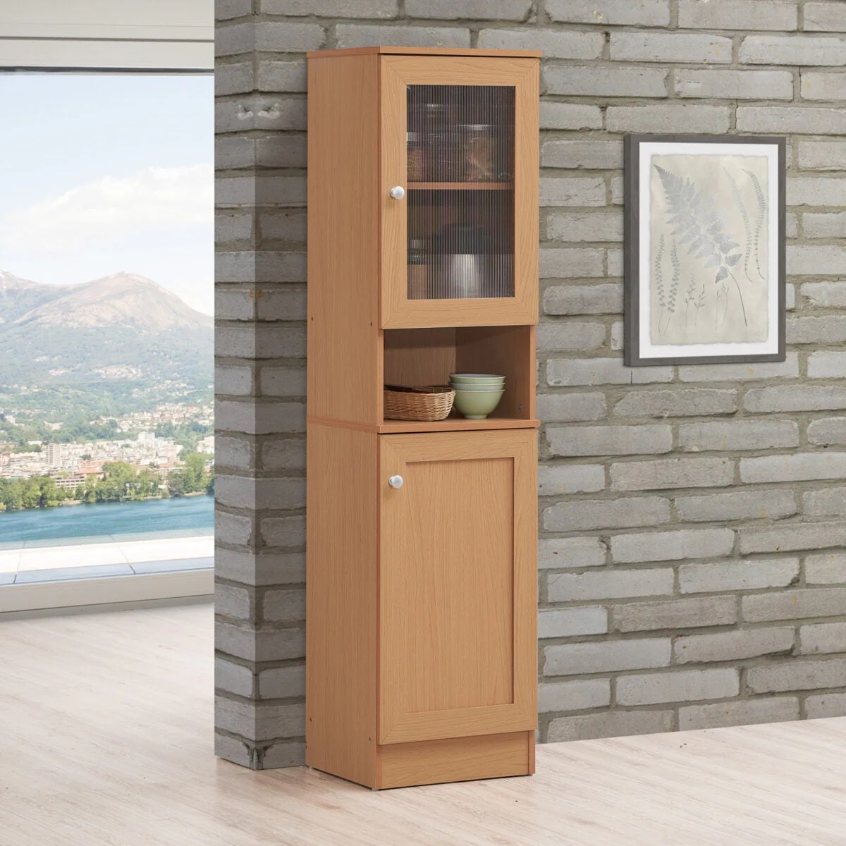 63" Tall Slim Open Shelf Plus Top and Bottom Enclosed Storage Kitchen Pantry in Beech - Image 5
