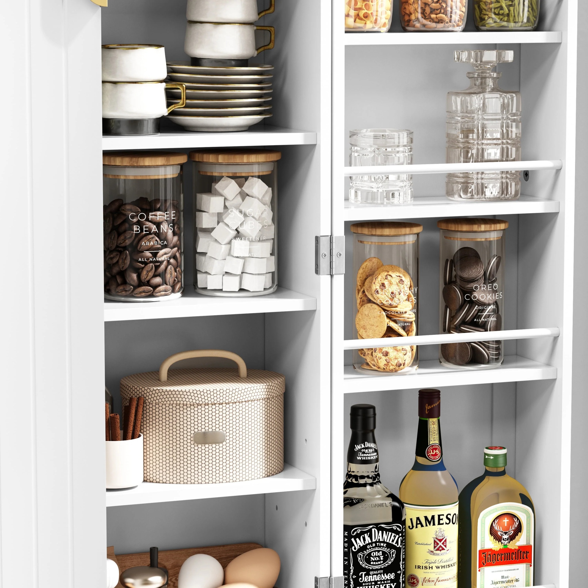 HLR 46 inches White Pantry Cabinets, Kitchen Pantry with Doors and Shelves for Kitchen, White Pantry Storage Cabinet with Black Metal Base for Living Room and Dining Room - Image 4