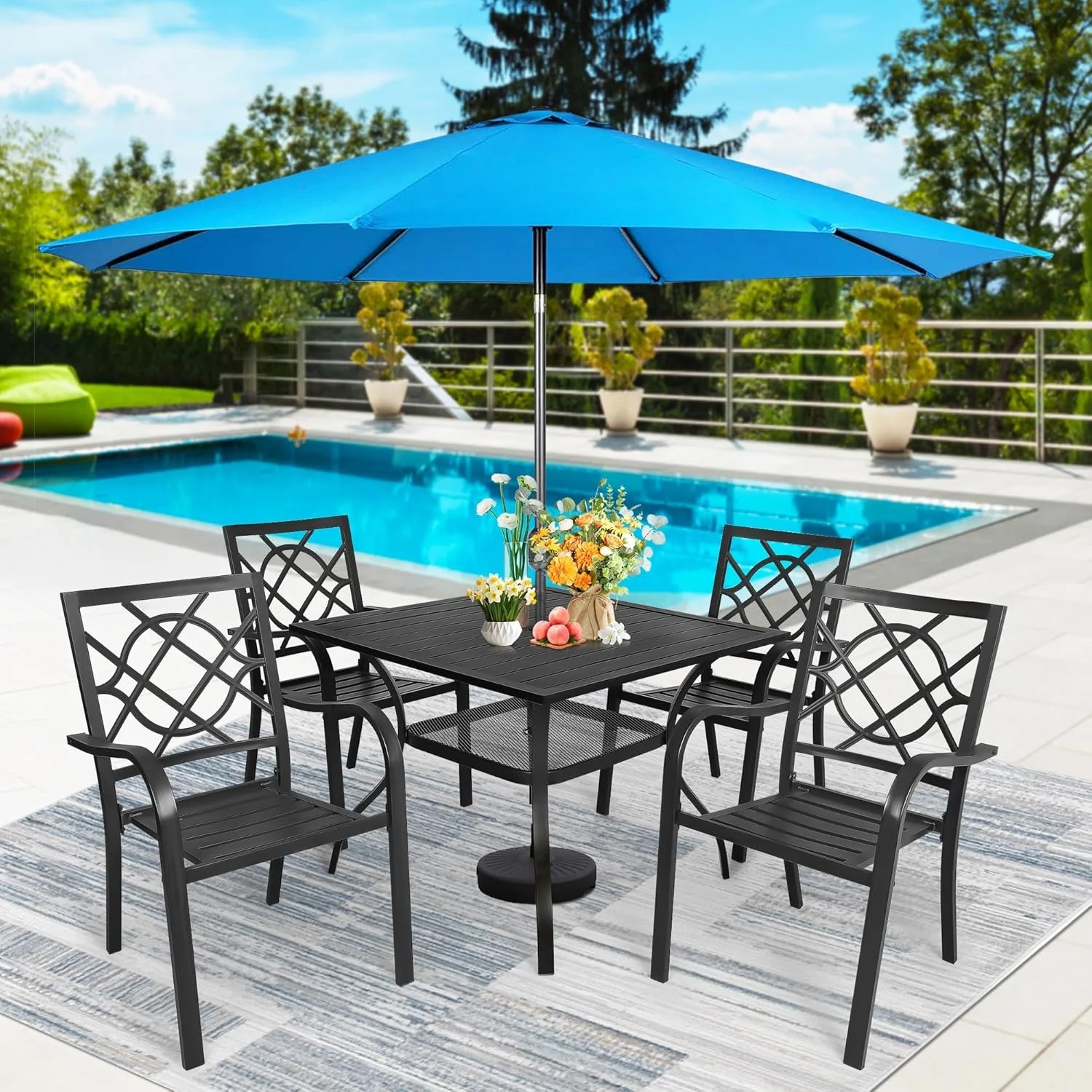 SUNCROWN 7-Piece Outdoor Wrought Iron Chairs and Table Patio Dining Furniture Set - 6 Stackable Metal Chairs, 1 Steel Slat Bistro Table and 1 Brown 9Ft Patio Umbrella for Garden Backyard Deck - Image 63