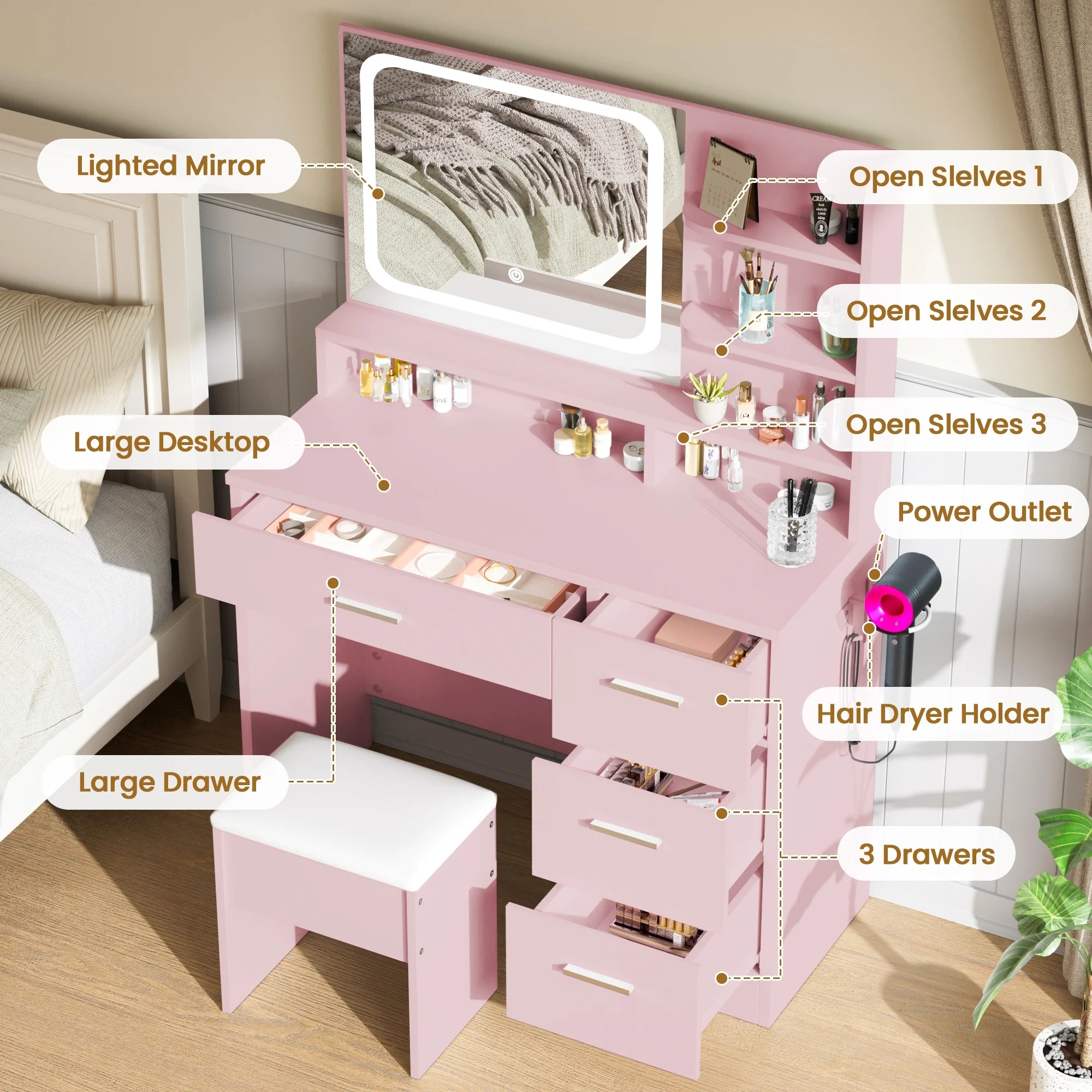 LIVELYGLOW Vanity Desk with Mirror and Lights, Makeup Vanity with Drawer & Storage Shelves, Cabinet, 3 Lighting Modes Adjustable Brightness,White - Image 24