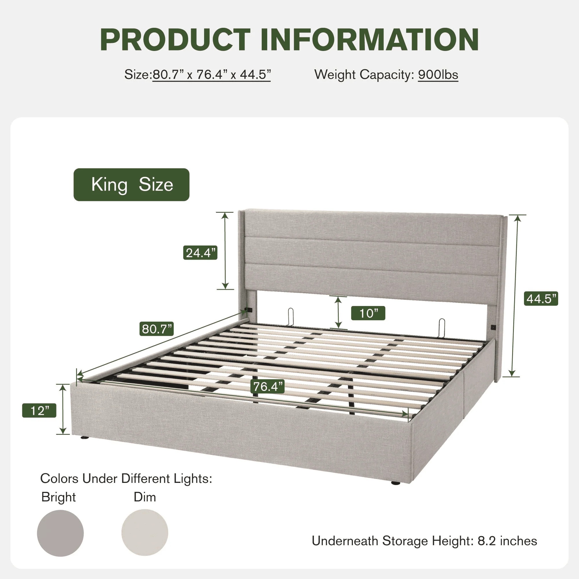 Einfach King Size Lift up Storage Bed with Wingbacks and Horizontal Channel Headboard, Beige - Image 7