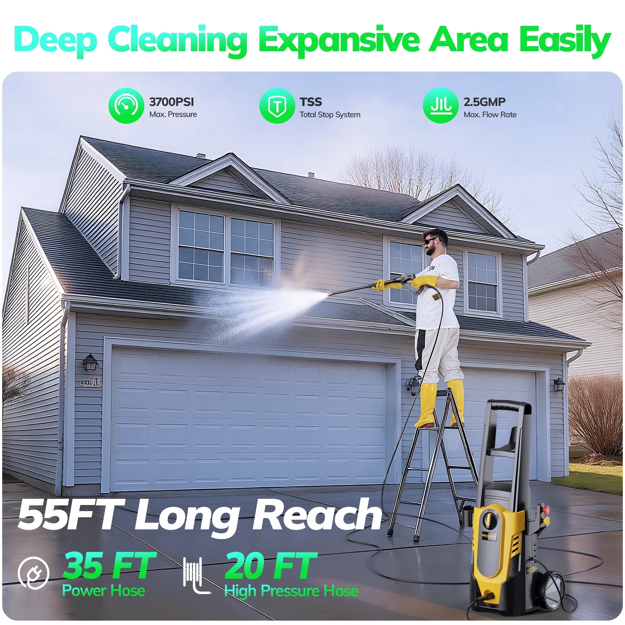 VECUKTY Electric Pressure Washer,3700 PSI Max 2.5 GPM Power Washer with 35FT Cord,20FT Hose,4 Quick Nozzles,Foam Cannon for Car Garden Patio - Image 5
