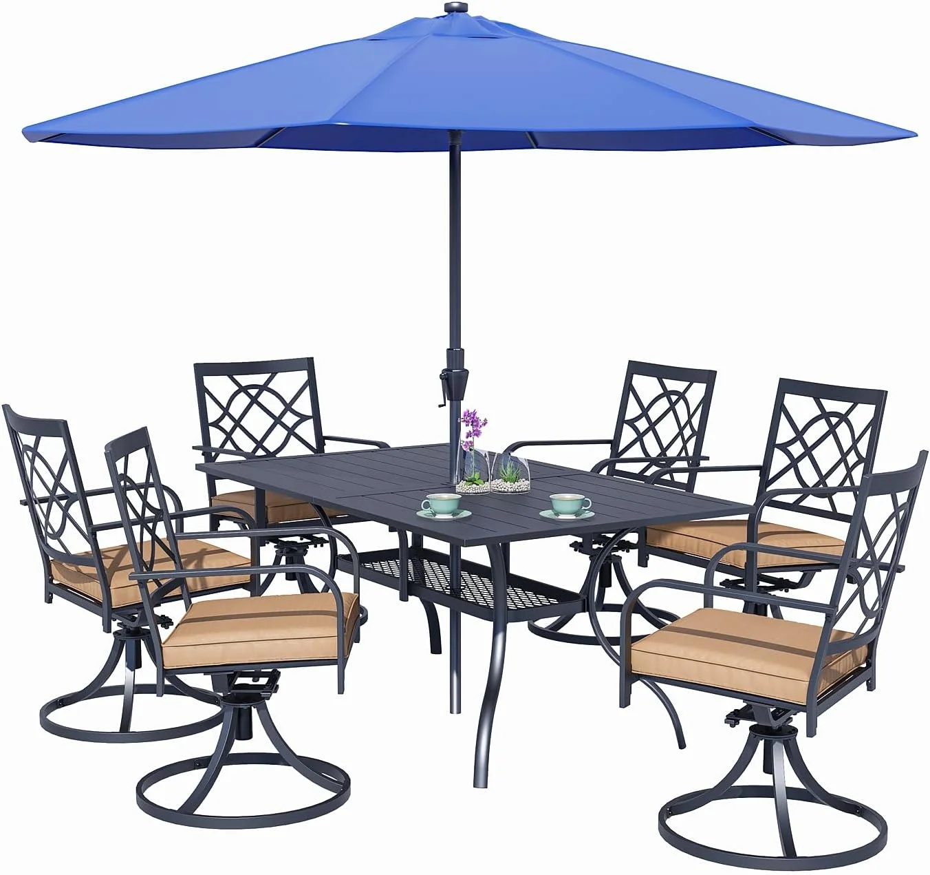 SUNCROWN 7-Piece Outdoor Wrought Iron Chairs and Table Patio Dining Furniture Set - 6 Stackable Metal Chairs, 1 Steel Slat Bistro Table and 1 Brown 9Ft Patio Umbrella for Garden Backyard Deck - Image 46