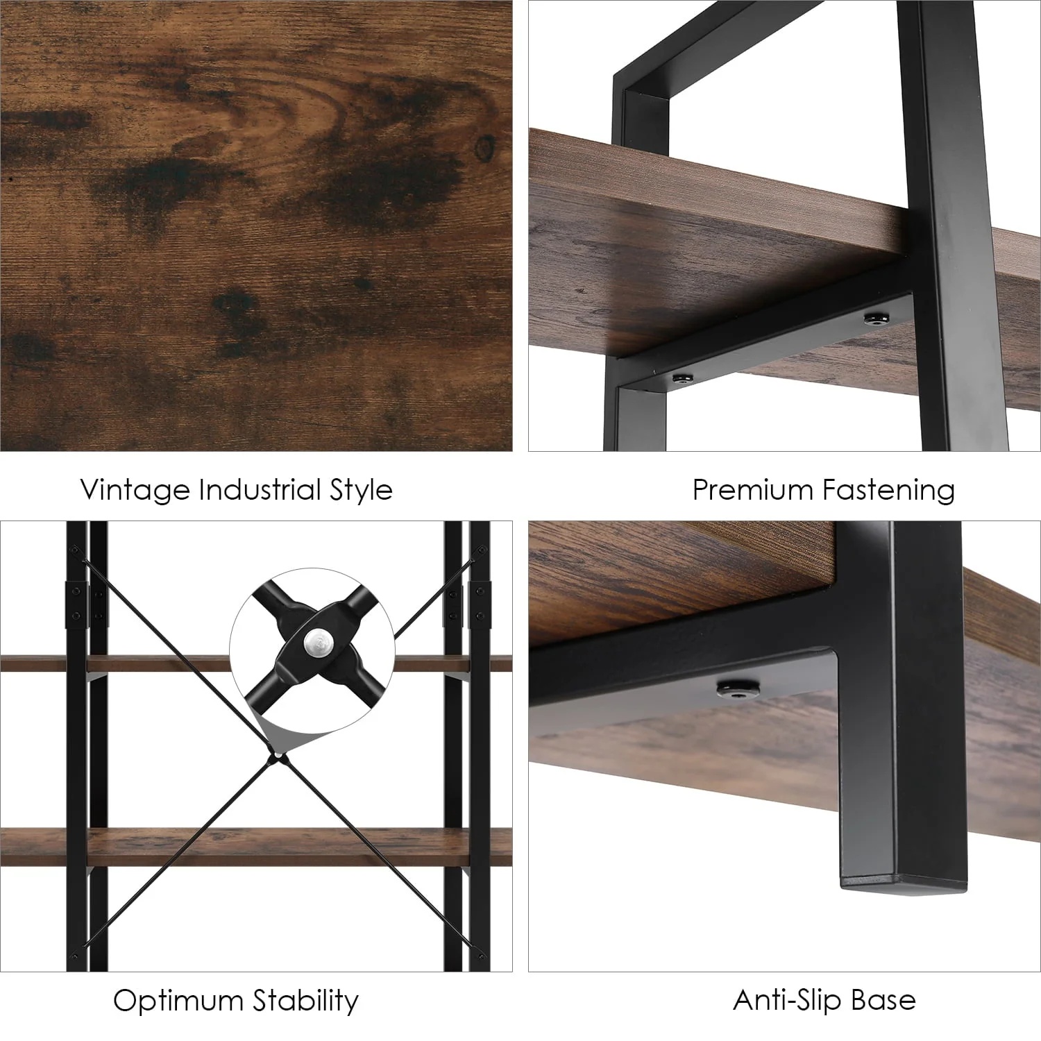 Homfa Industrial 5 Tier Storage Bookshelf , Wood Bookcase Shelf Unit with Metal Frame for Home Office Living Room, Rustic Brown - Image 4