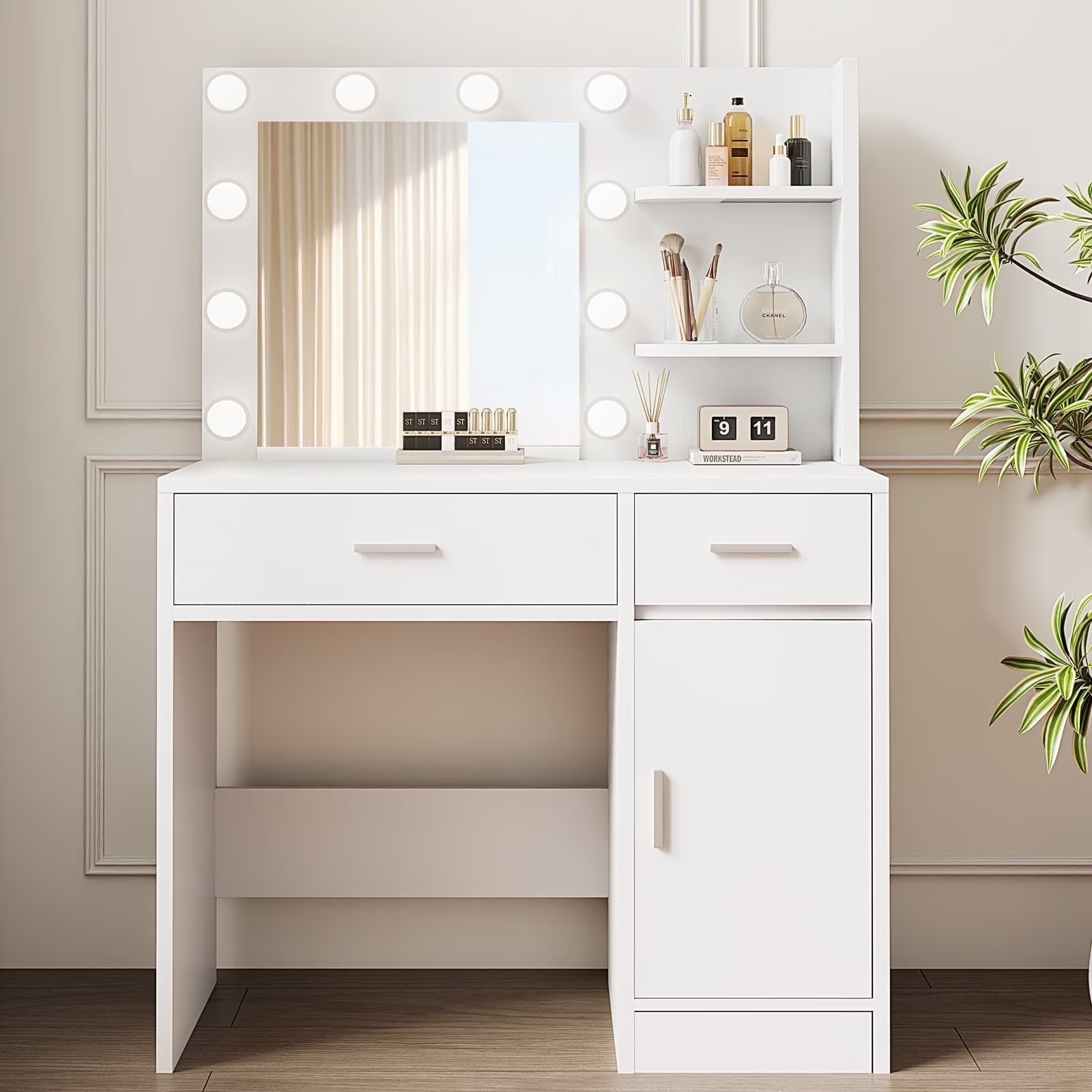LIVELYGLOW Vanity Desk with Mirror and Lights, Makeup Vanity with Drawer & Storage Shelves, Cabinet, 3 Lighting Modes Adjustable Brightness,White