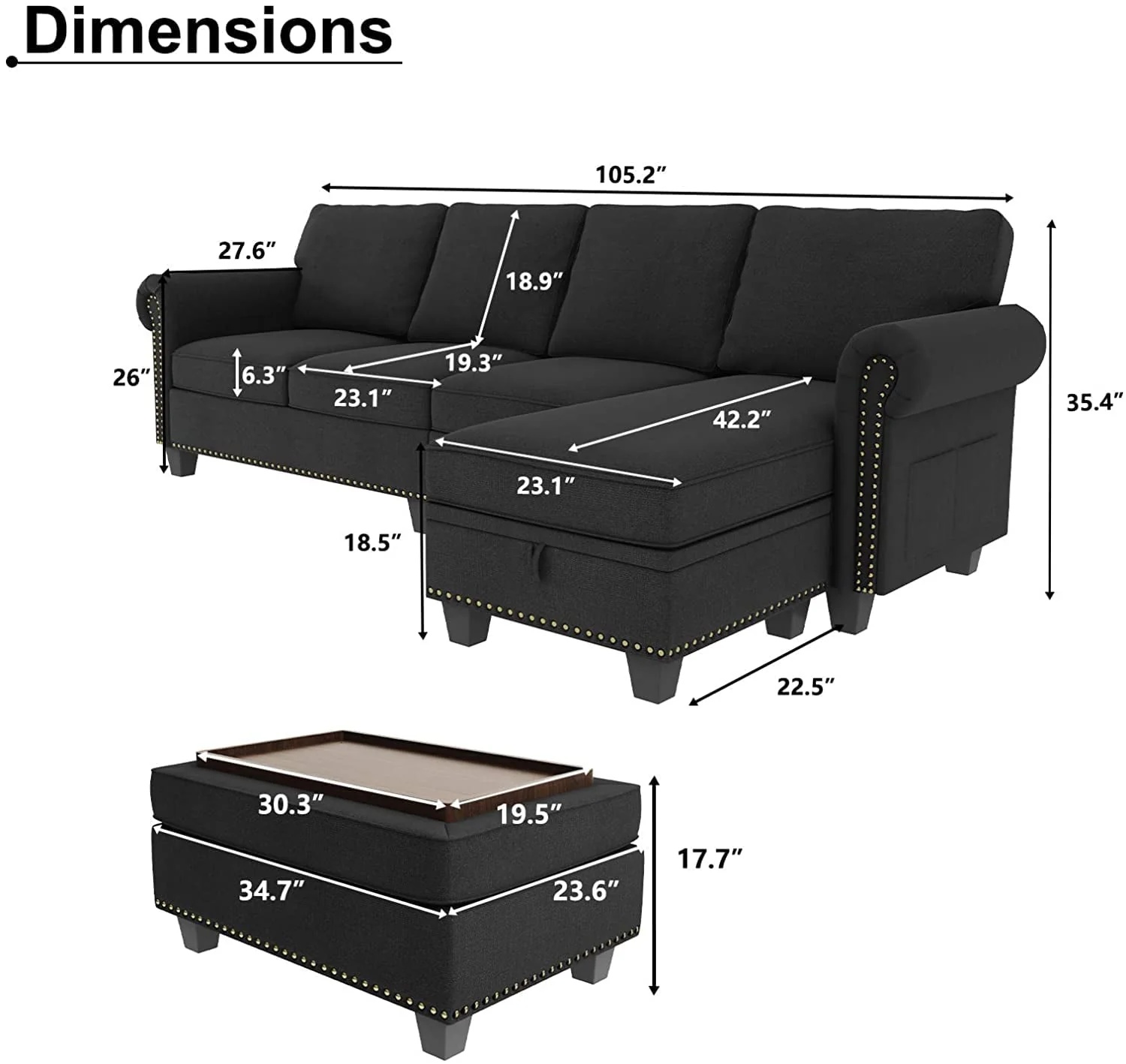 Nolany Reversible Sectional Couch L Shaped Sofa Set with Storage Tray Ottoman for Small Space and Living Room, Dark Grey - Image 4