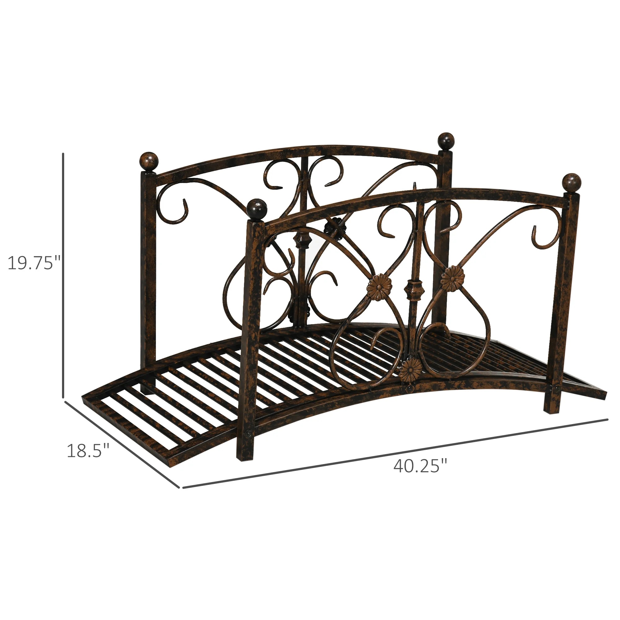 Outsunny 3.3FT Metal Arch Zen Garden Bridge with Safety Siderails, Decorative Footbridge, Delicate Floral Scrollwork for Stream, Fish Pond, Brown - Image 8