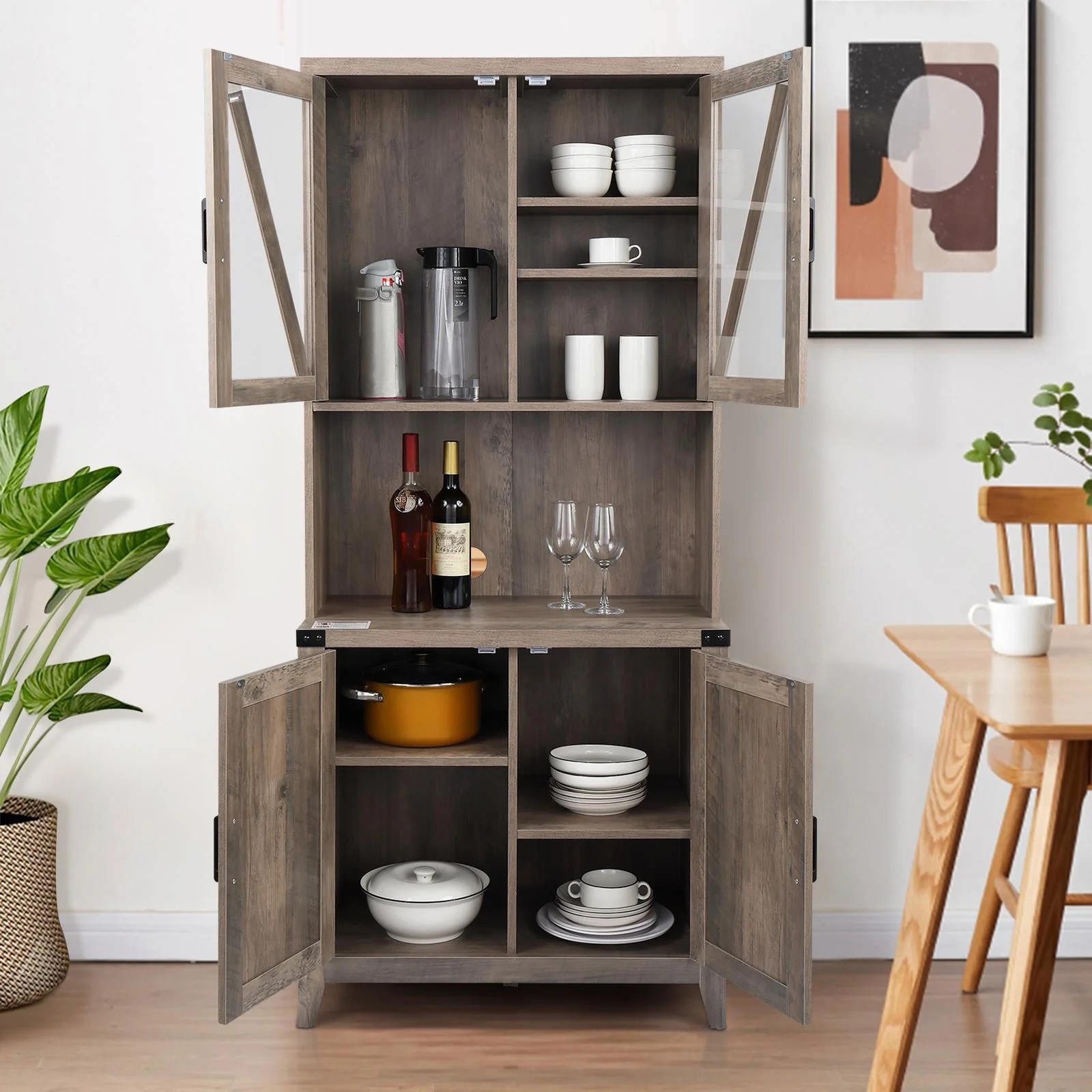 UBesGoo Freestanding Rustic Kitchen Buffet with Hutch, Pantry Storage Cabinet with Adjustable Shelf Grey Oak - Image 4