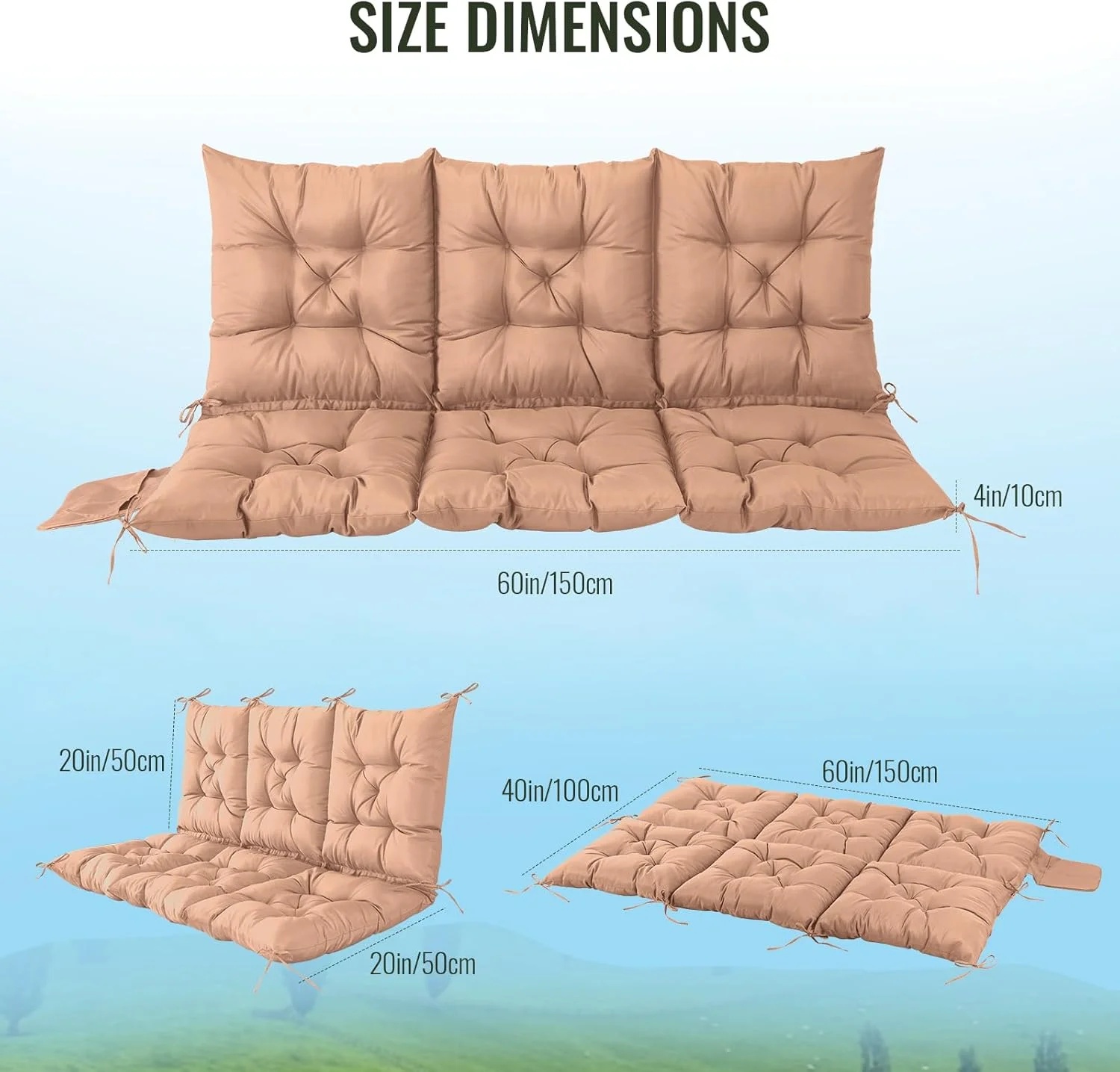 NACATIN 3 Seat Cushion for Outdoor Swing - 60x40 inches, 4" Thick Porch Swing Cushions with Ties and Storage Bag, Waterproof Bench Replacement Cushions for Patio, Outdoor, Backyard and Garden (Khaki) - Image 5