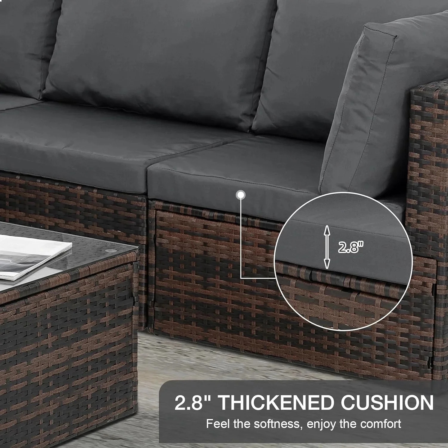 6 Pieces Wicker Patio Furniture Set Outdoor Conversation Set, All Weather PE Rattan Sectional Sofa Couch with Storage Table and Cushions, Beige - Image 19