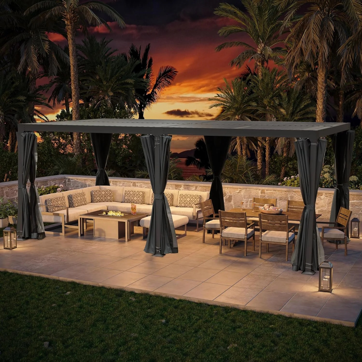 GAZEBETER 10' x 20' Louvered Pergola, Outdoor Aluminium Pergola with Adjustable Roof, Curtains and Netting, Hardtop Gazebo for Patio, Deck, Garden, Yard, Beach, White - Image 11