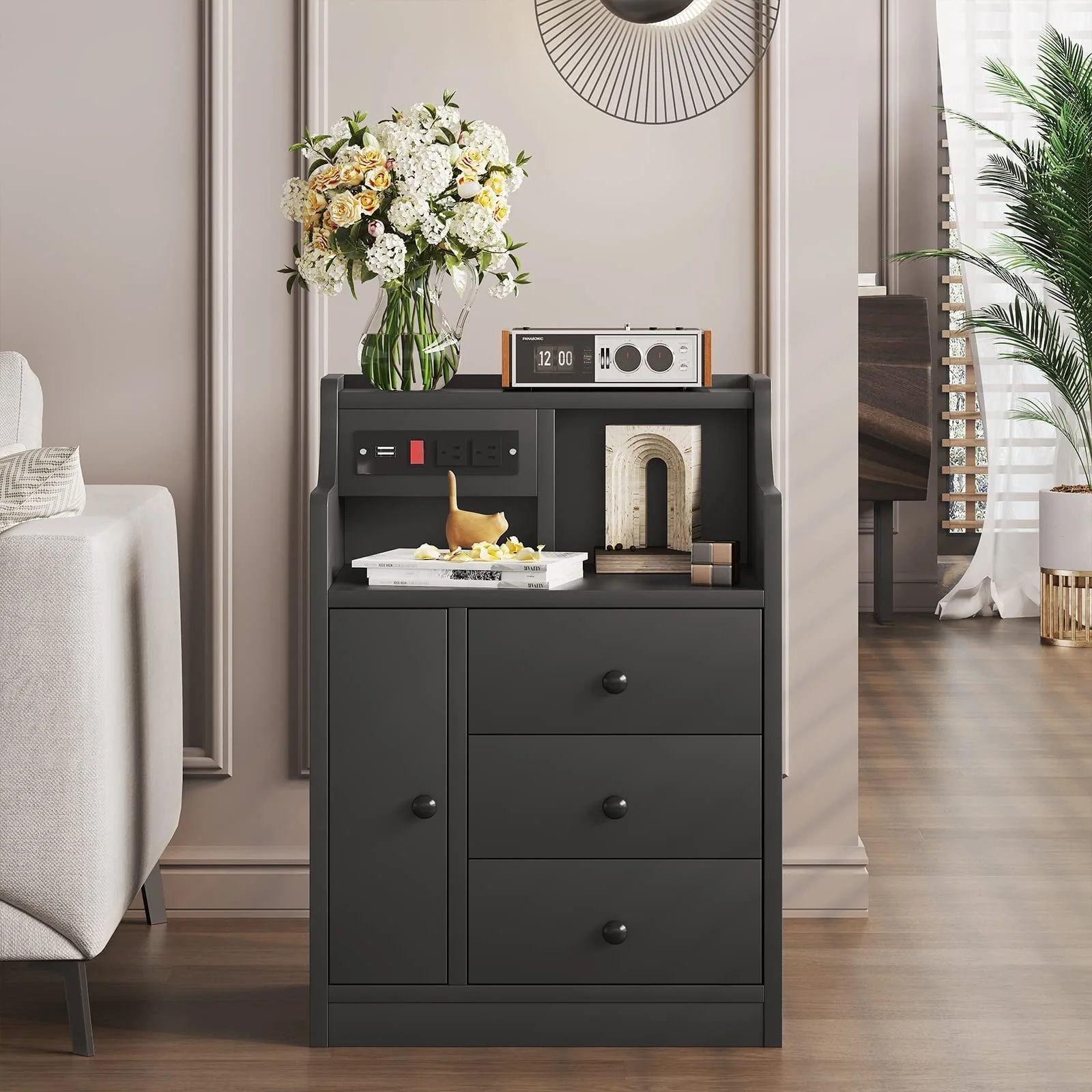 Nightstand with 3 Storage Drawers and Hutch, Black Night Stand with Charging Station End Side Table with 1 Door, Modern Bedside Table for Bedroom - Image 14