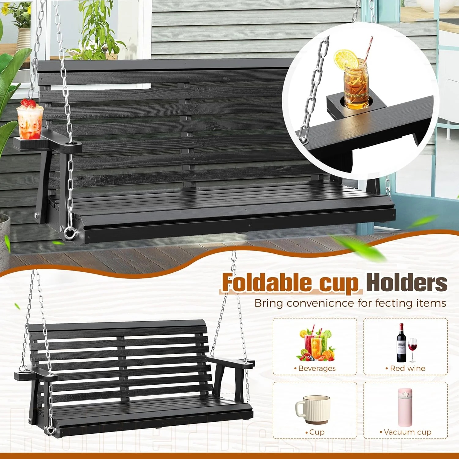 SOLAURA 2 Seat Outdoor Wooden Porch Swing with Cup Holders, Hanging Patio Swing with Hanging Chains, Swing Bench Chair for Backyard Garden Balcony, 440lbs Weight Capacity, Brown - Image 26