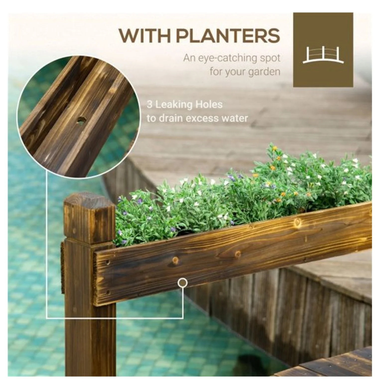 Wooden Garden Bridge Arc Footbridge 90.5" - Stained Fir Wood Outdoor Bridge with Planters - Zen Garden Decor, Walkways, Pond & Stream - Image 3