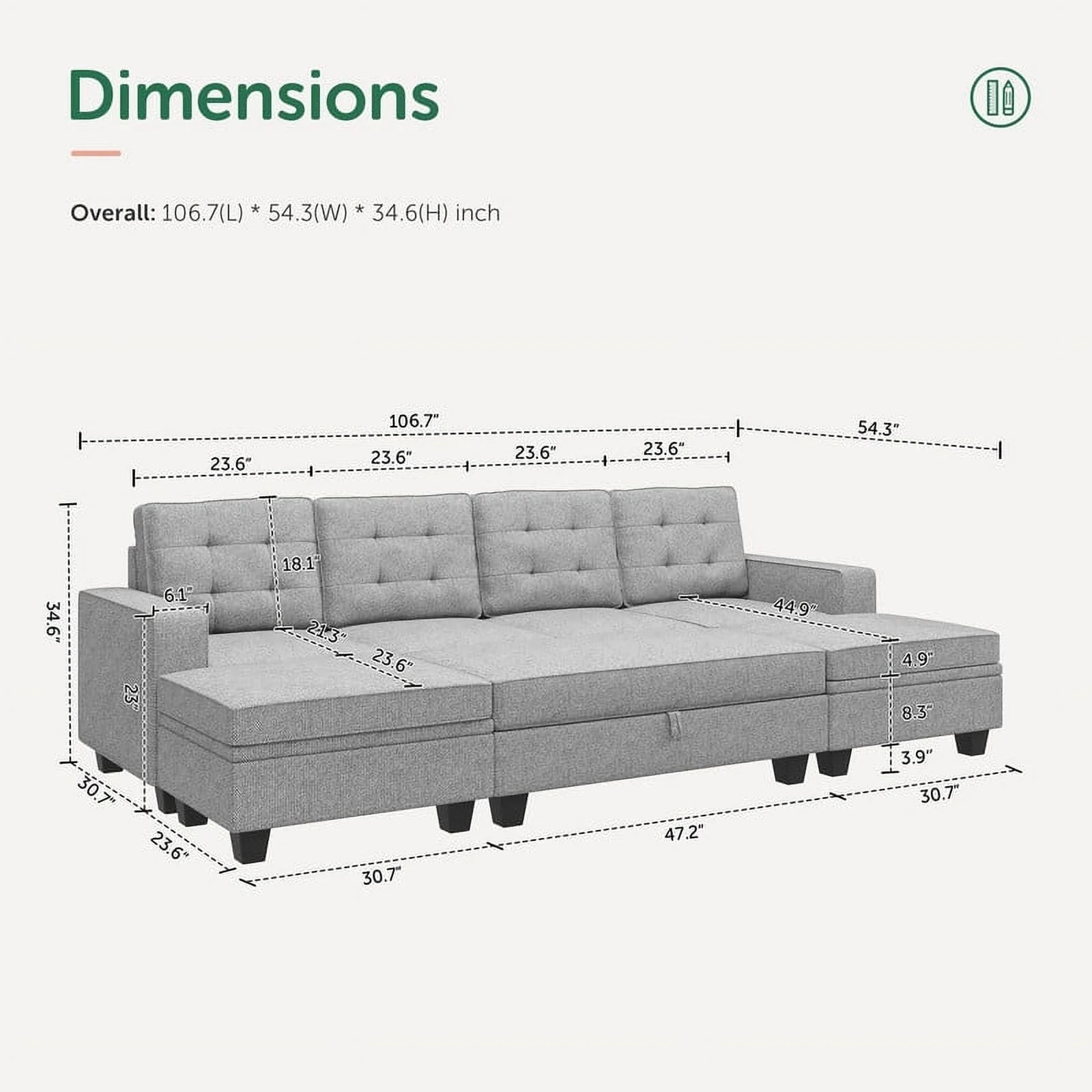 HONBAY Convertible Sectional Sleeper Sofa Bed Sets with Storage and Reversible Chaise, Light Grey - Image 7
