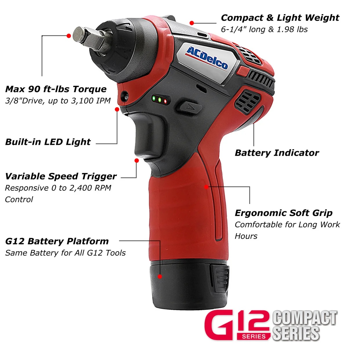 ACDelco ACDelco G12 Series 12V Li-ion Cordless 3/8"? Ratchet Wrench & Impact Wrench Combo Tool Kit - Image 7