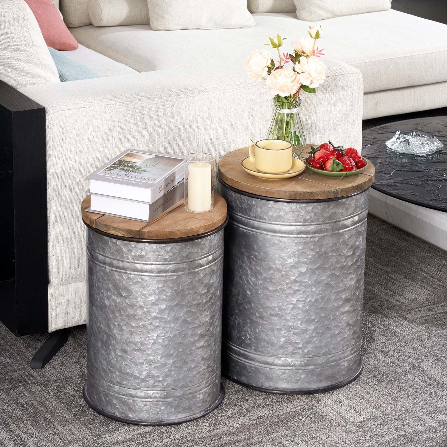 Oneinmil Set of 2 Modern Farmhouse Coffee End Table, with Large Storage Space, End Bench for Living Room, Bedroom, Gray - Image 6