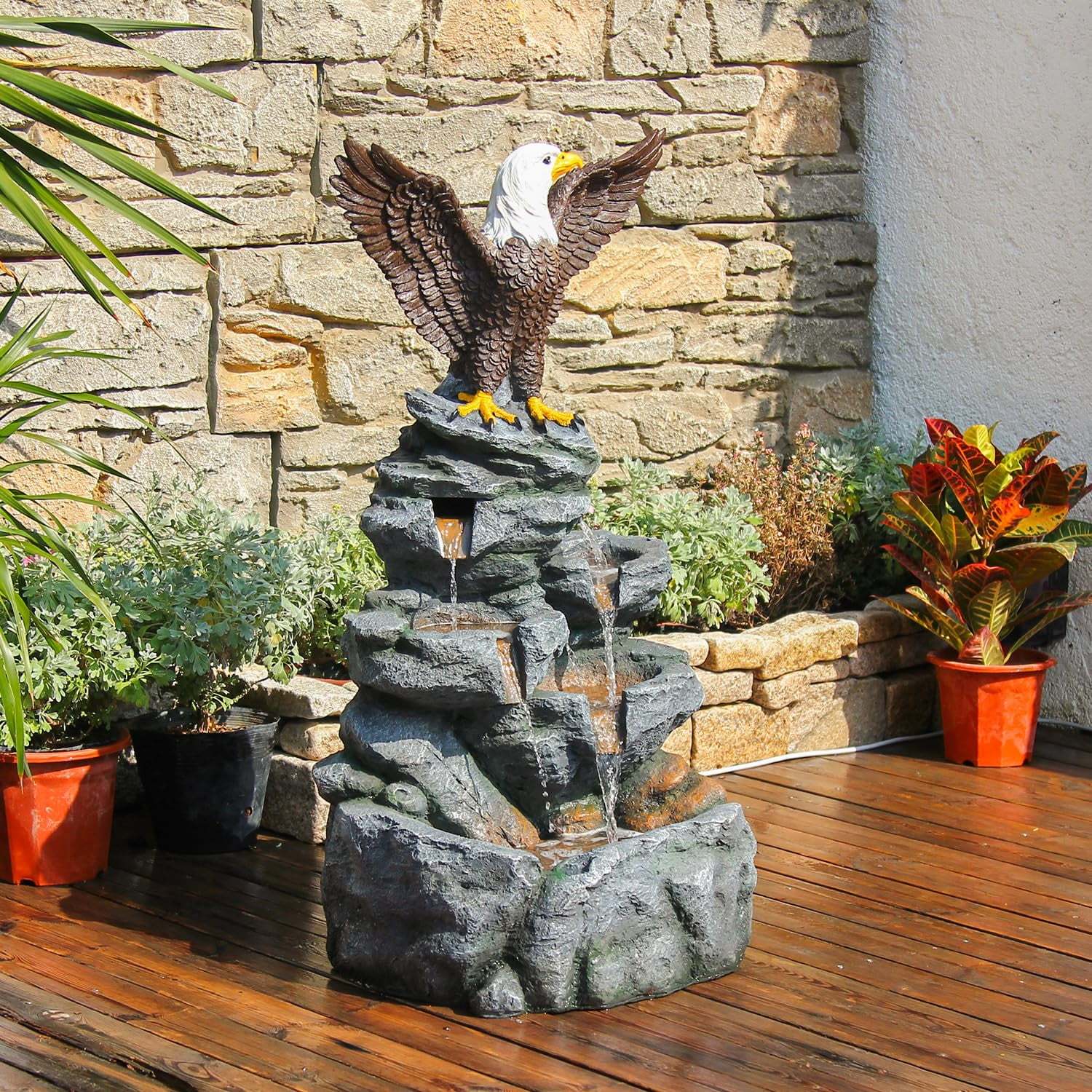 Bald Eagle Statue Outdoor Fountain Tiered Cascading Rock Water Feature for Garden Patio Backyard Porch Deck 38.58" Tall Outdoor Waterfall Sculpture Elegant Garden Decor - Image 4