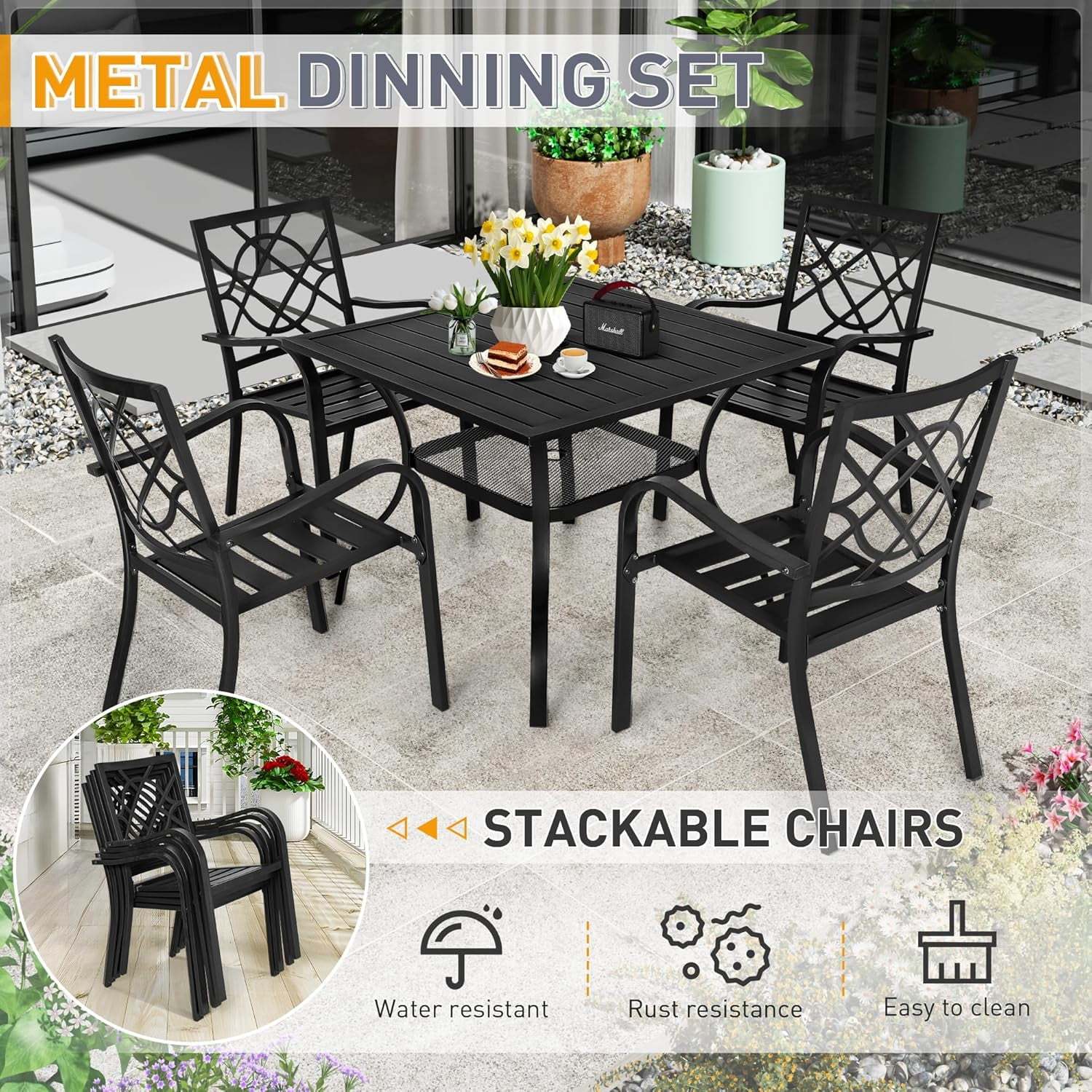 SUNCROWN 7-Piece Outdoor Wrought Iron Chairs and Table Patio Dining Furniture Set - 6 Stackable Metal Chairs, 1 Steel Slat Bistro Table and 1 Brown 9Ft Patio Umbrella for Garden Backyard Deck - Image 54
