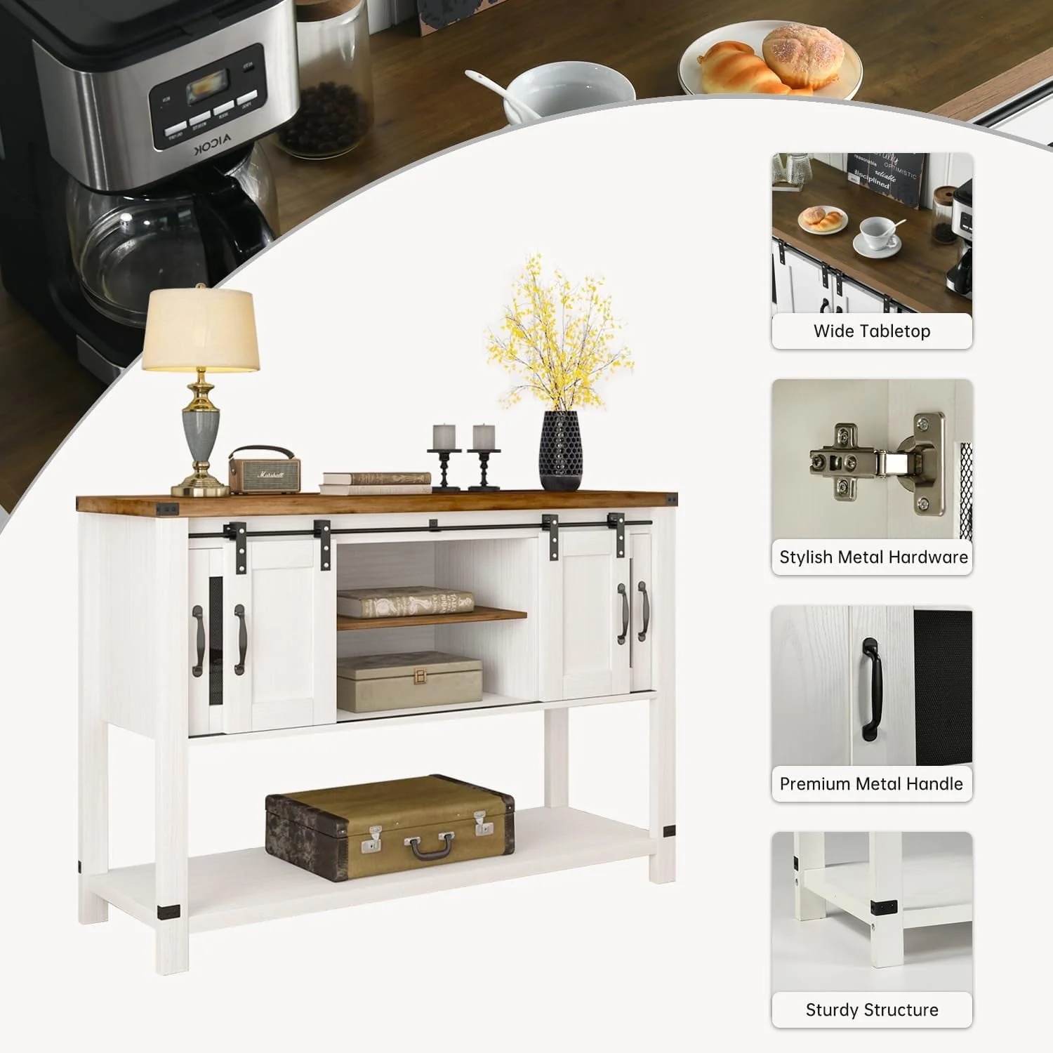 Catrimown 47" Sideboard Buffet Cabinet with Storage, Farmhouse Coffee Bar Cabinet for Living Room Entryway, White - Image 9