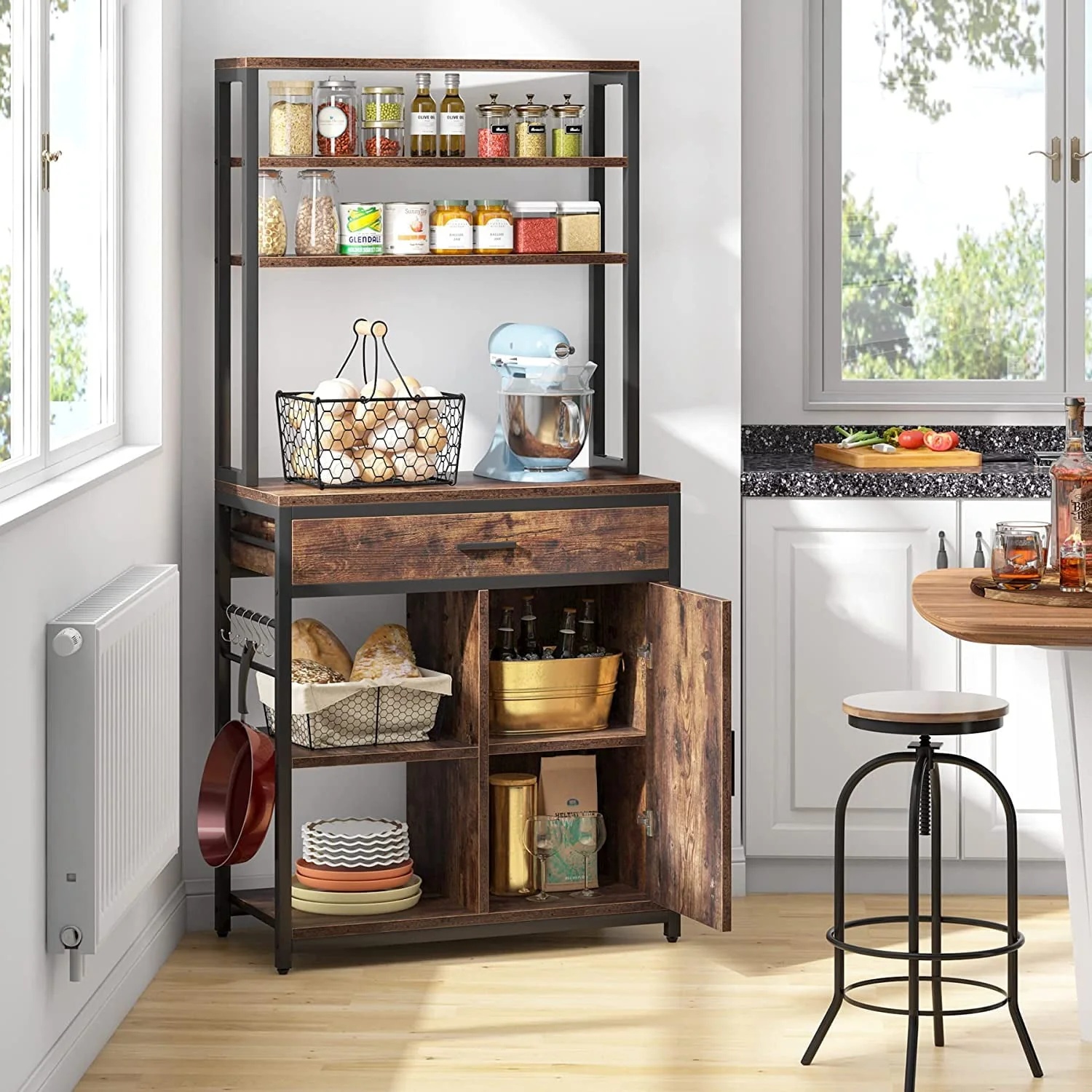 Tribesigns Bakers Racks for Kitchens with Cabinet, Large Capacity Microwave Stand with Drawers,6-Tier Kitchen Utility Storage Shelf with Hooks, Free Standing Kitchen Shelf Cabinets, Vintage Brown - Image 2