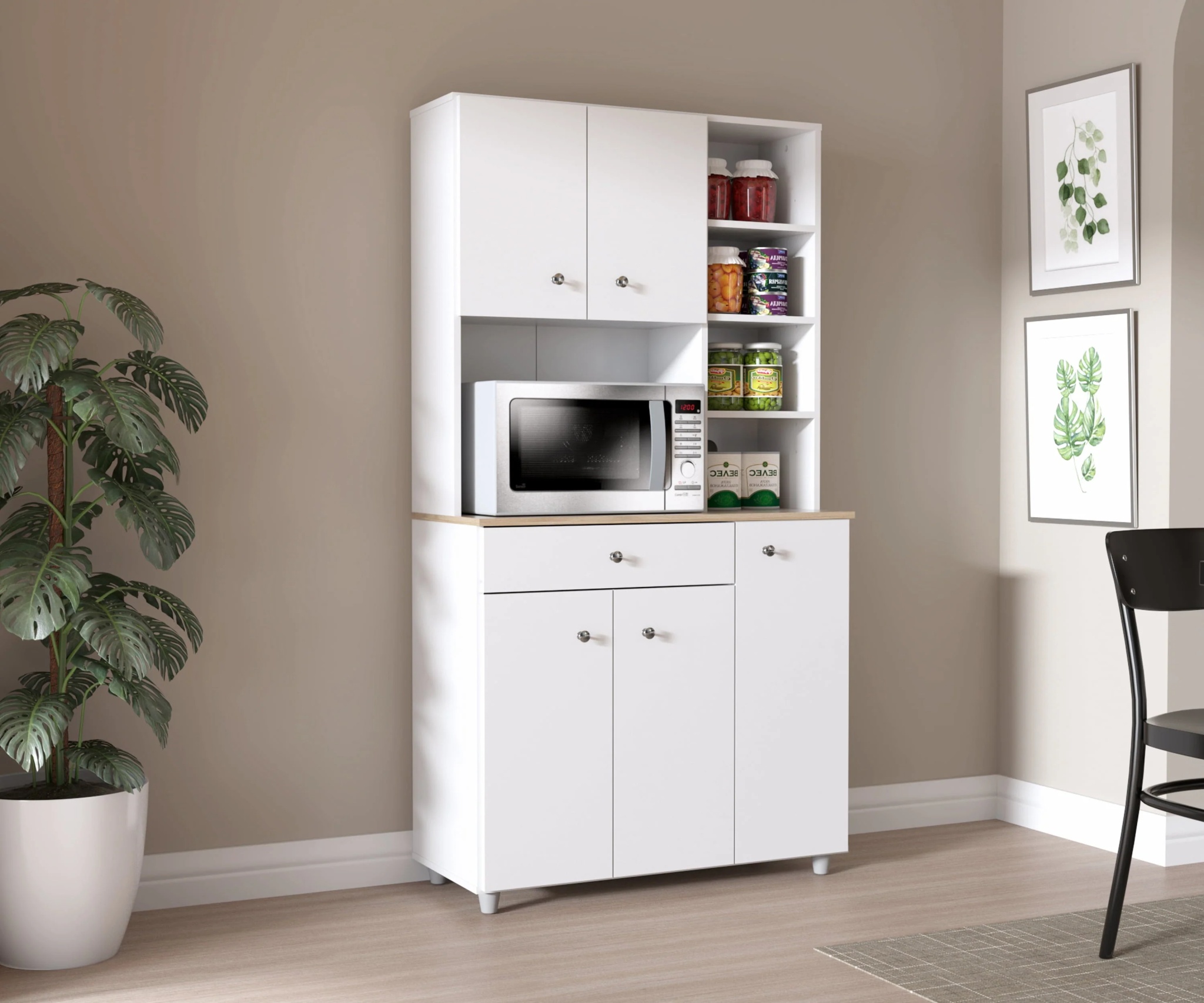 Inval 10-Shelf Kitchen Microwave Storage Cabinet (35 x 66 x 16), White/Maple - Image 2