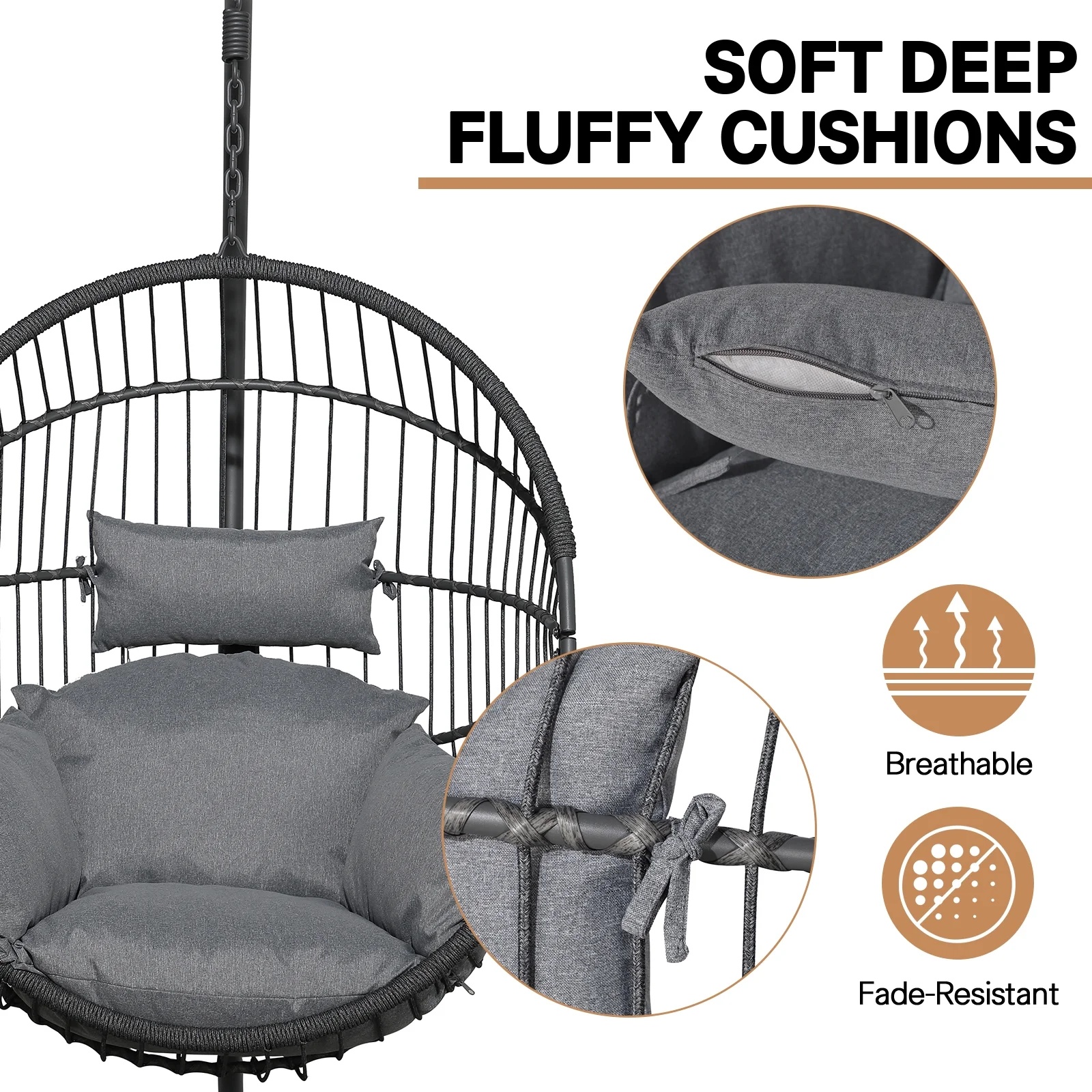 Indoor Outdoor Swing Egg Chair with Stand, Patio Foldable Grey Wicker Rattan Hanging Chair with Cushion, Light Gray - Image 18