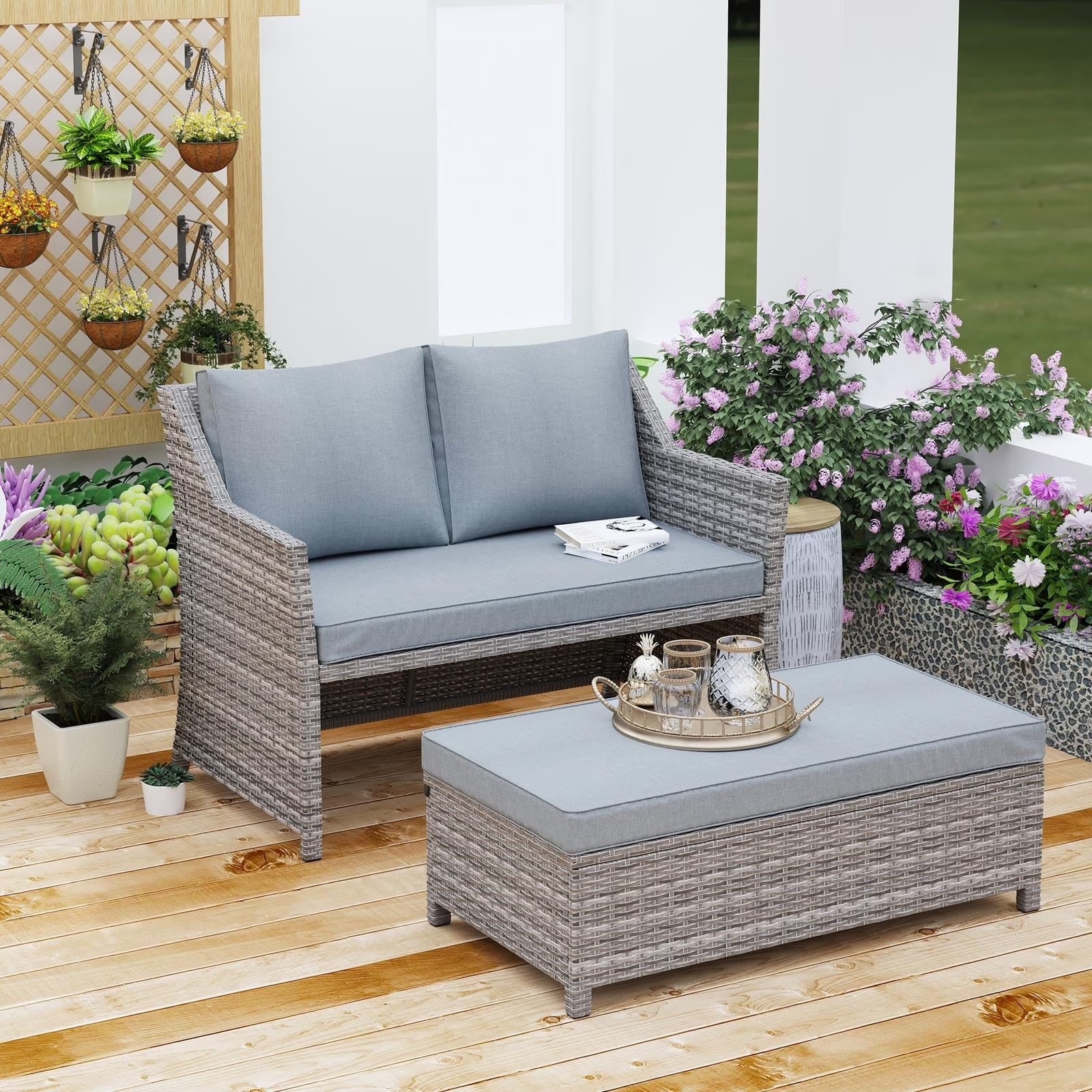 Outdoor Wicker Love Seat and Coffee Table Set, Weather Resistant Grey Rattan, Patio Furniture with Gray Cushions & Storage Bin