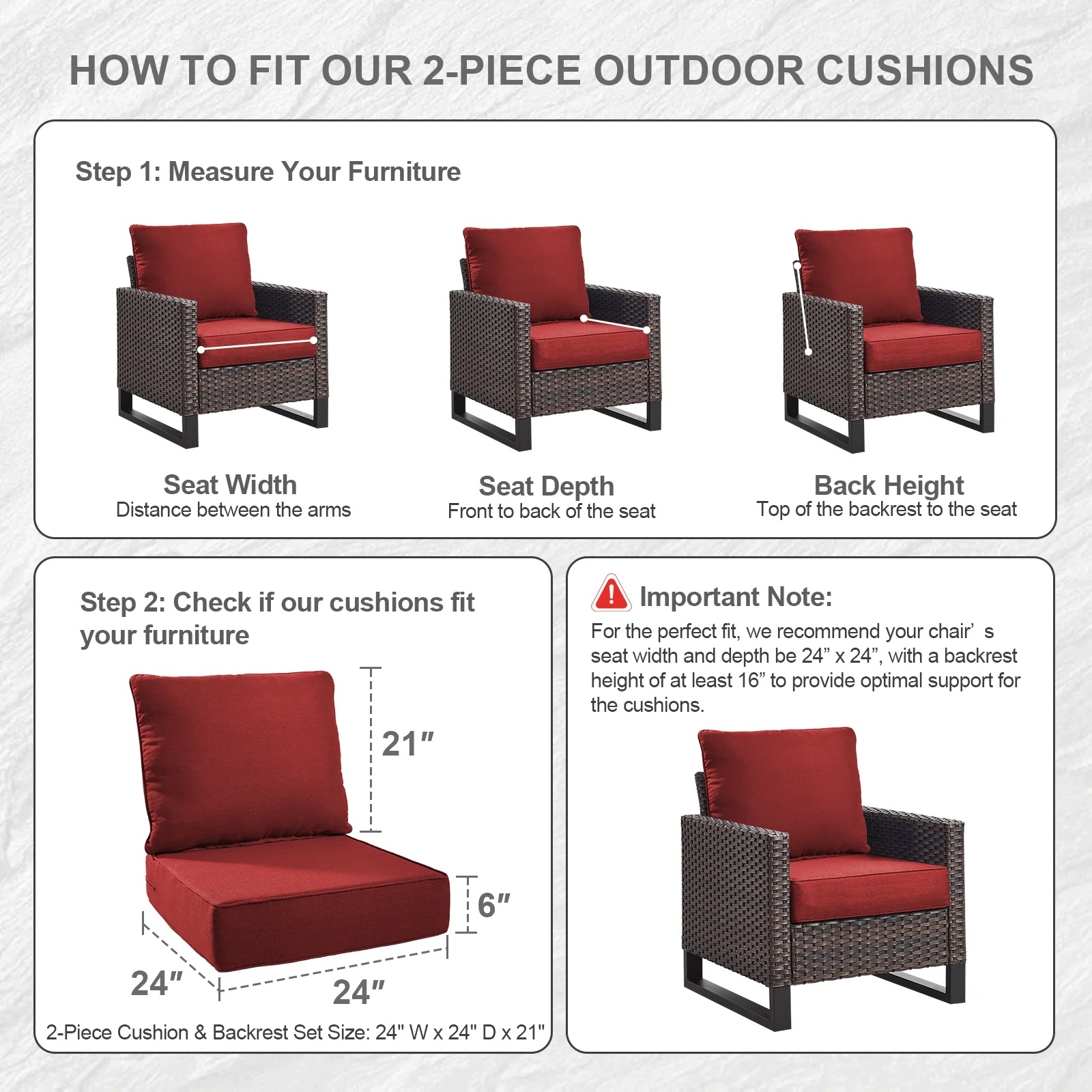 Terraloom 6 Inch Outdoor Cushions 24x24" - Water Resistant 2 Set Deep Seating Patio Chair Back&Seat Cushion for Wicker Rocking Swivel Chairs Loveseat Couch Sectional Sofa in Beige - Image 34