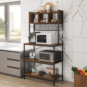 Ktaxon 69.3" 5-Tier Kitchen Bakers Rack with 10 Hooks, Industrial Microwave Oven Stand Free Standing Kitchen Island Cart Storage Shelf Organizer, Rustic Brown