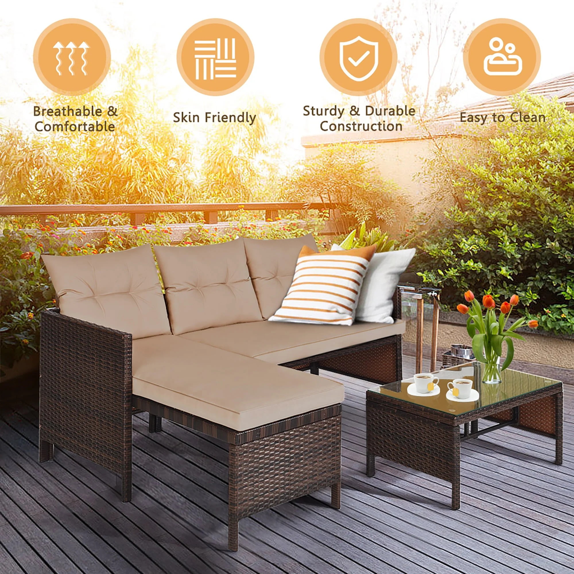 Costway 3PCS Patio Wicker Rattan Sofa Set Outdoor Sectional Conversation Set Garden Lawn Brown - Image 8