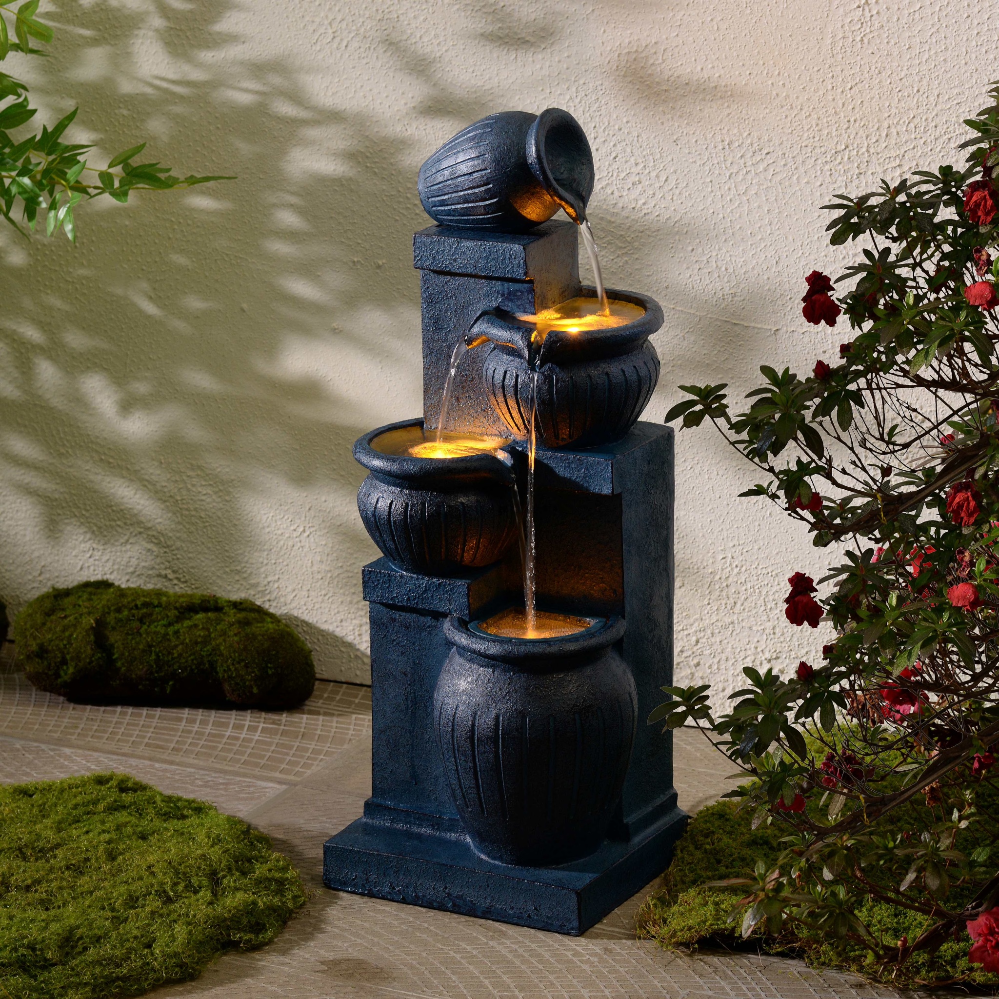 Teamson Home Outdoor Water Fountain with Lights-C 4-Tier Cascading Bowl Design with LED Light & Solar Pump, Solar-Powered Water Fountain Outdoor Garden, Yard, or Patio D-cor, Navy Blue