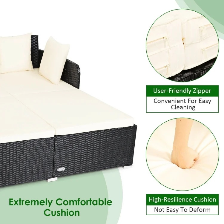 Veryke Outdoor Patio Wicker Daybed Double Chaise Lounge with Cushion, Recliner Chair for Patio Furniture - Beige - Image 3