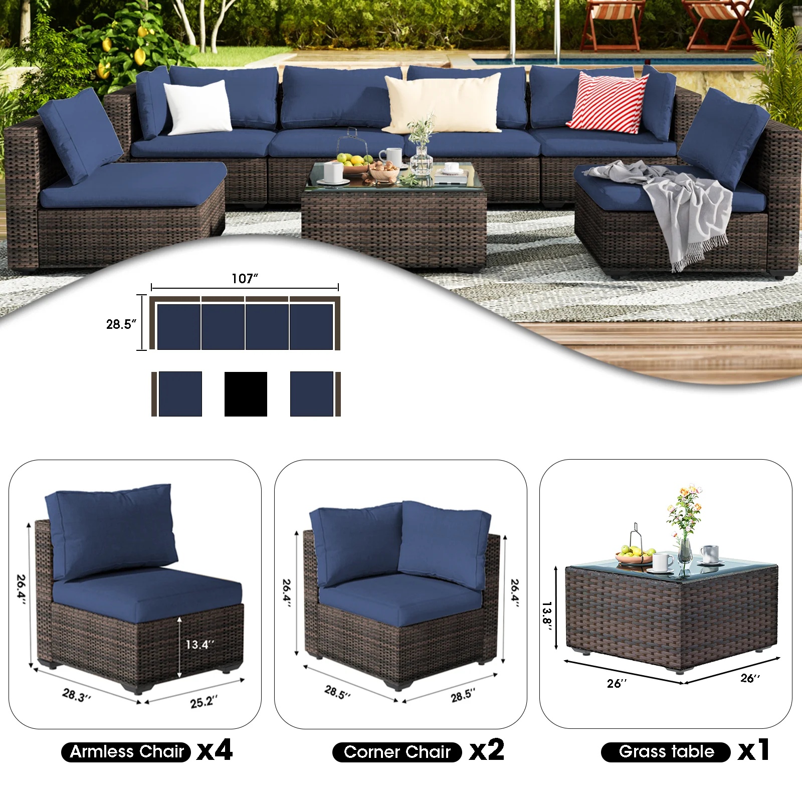 Grezone 7 Patio Outdoor Furniture Wicker Sectional Sofa Couch Lawn Sectional, Black - Image 15