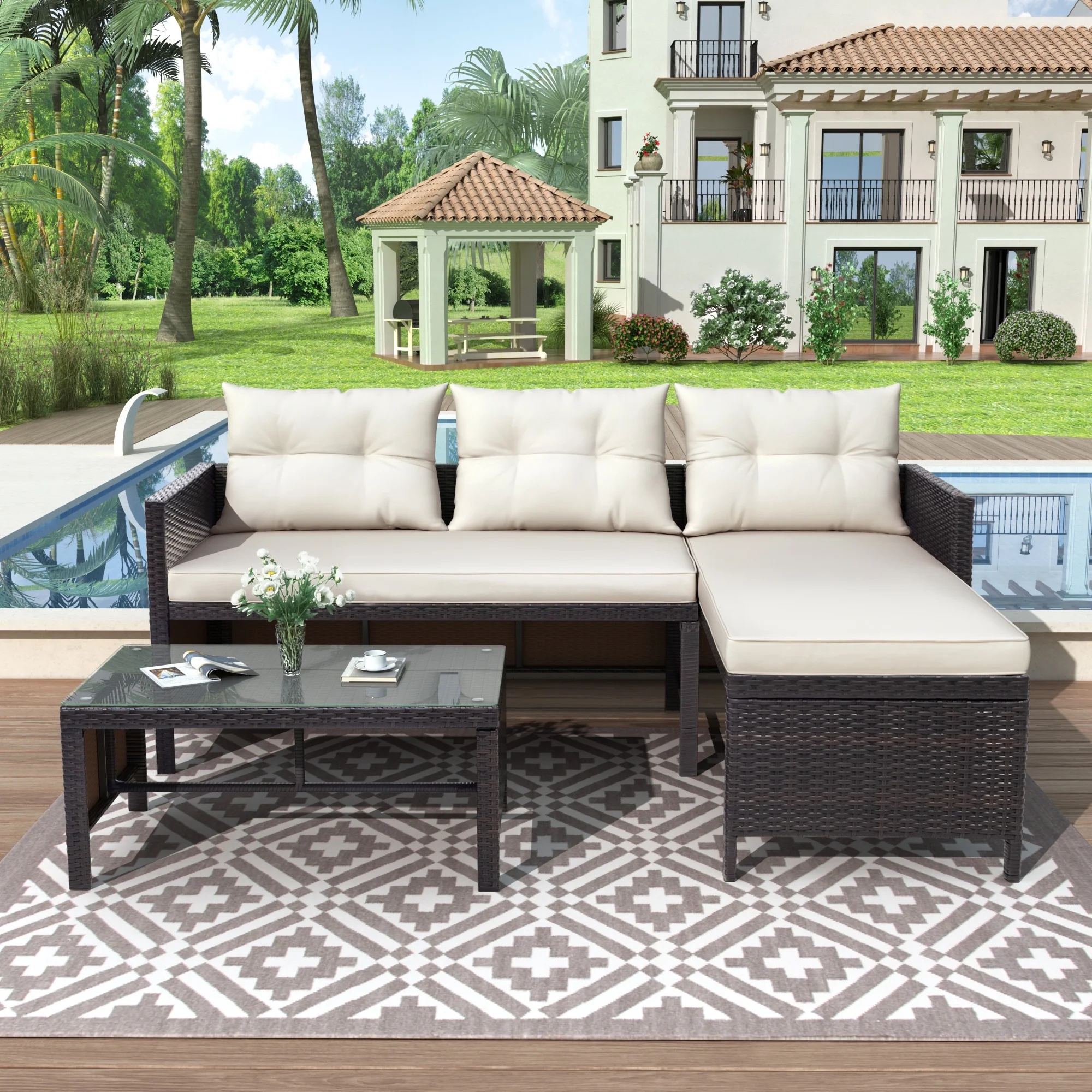 Outdoor Patio Furniture Set of 3, Rattan Wicker Outdoor Swivel Glider Rocker w/Table and Cushions, Brown - Image 23