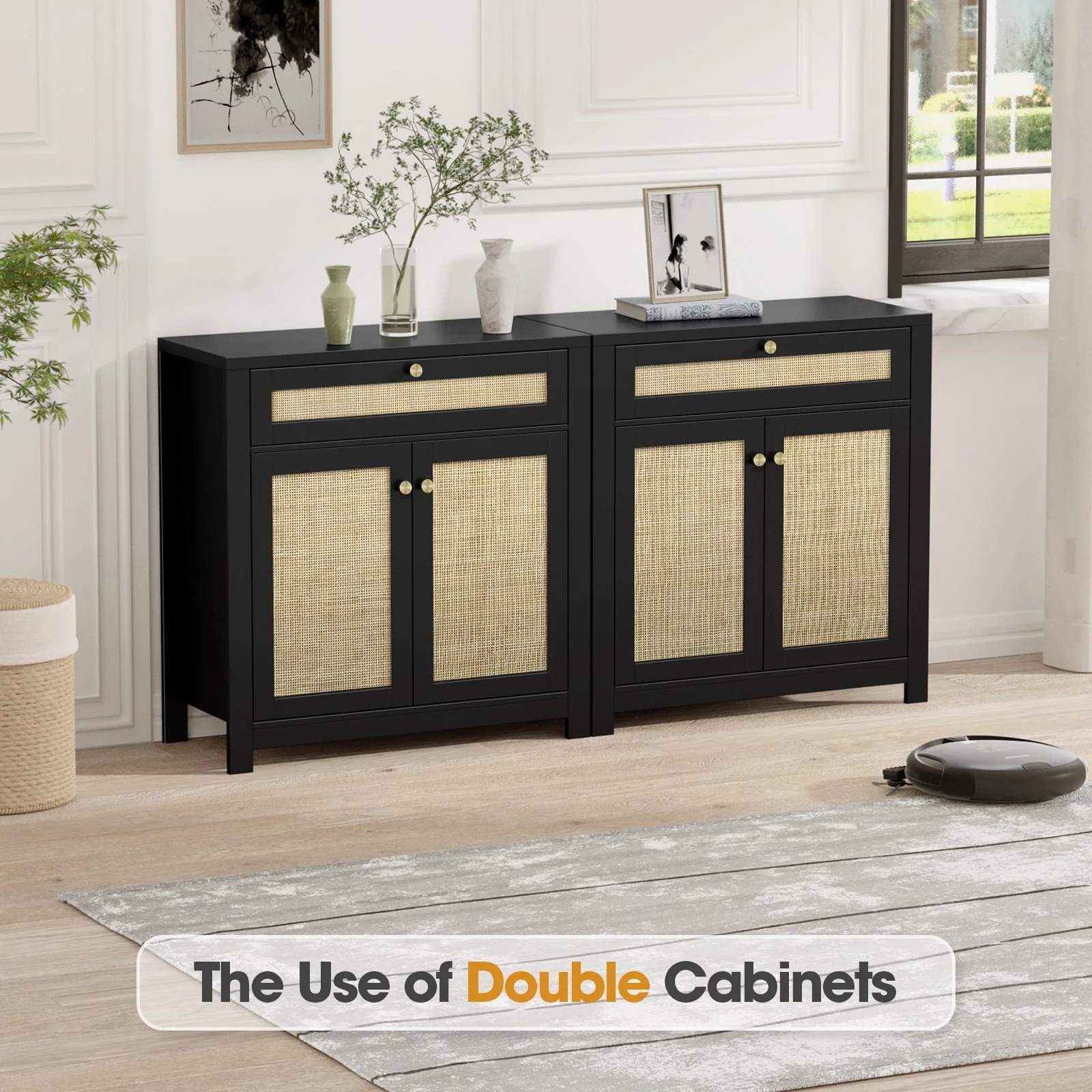 Eumyviv Black Sideboard Buffet Storage Cabinet with Door and Drawer, Natural Rattan Kitchen Accent Storage Cabinet Free Standing, Black H0085 - Image 2
