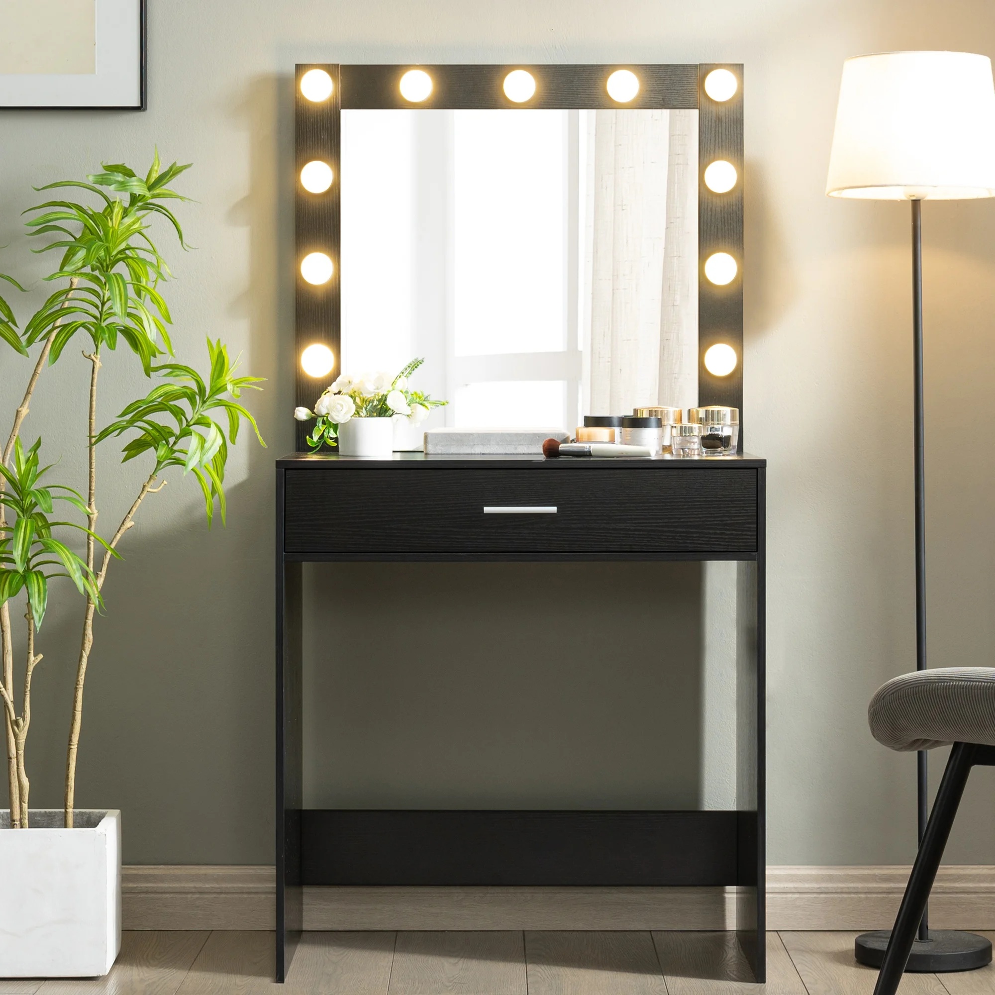 Vanity Desk With Mirror, Makeup Table Desk With Drawer, 3 Lighting Modes Adjustable Brightness Vanity Makeup Table For Small Space Home Living Room - Image 4
