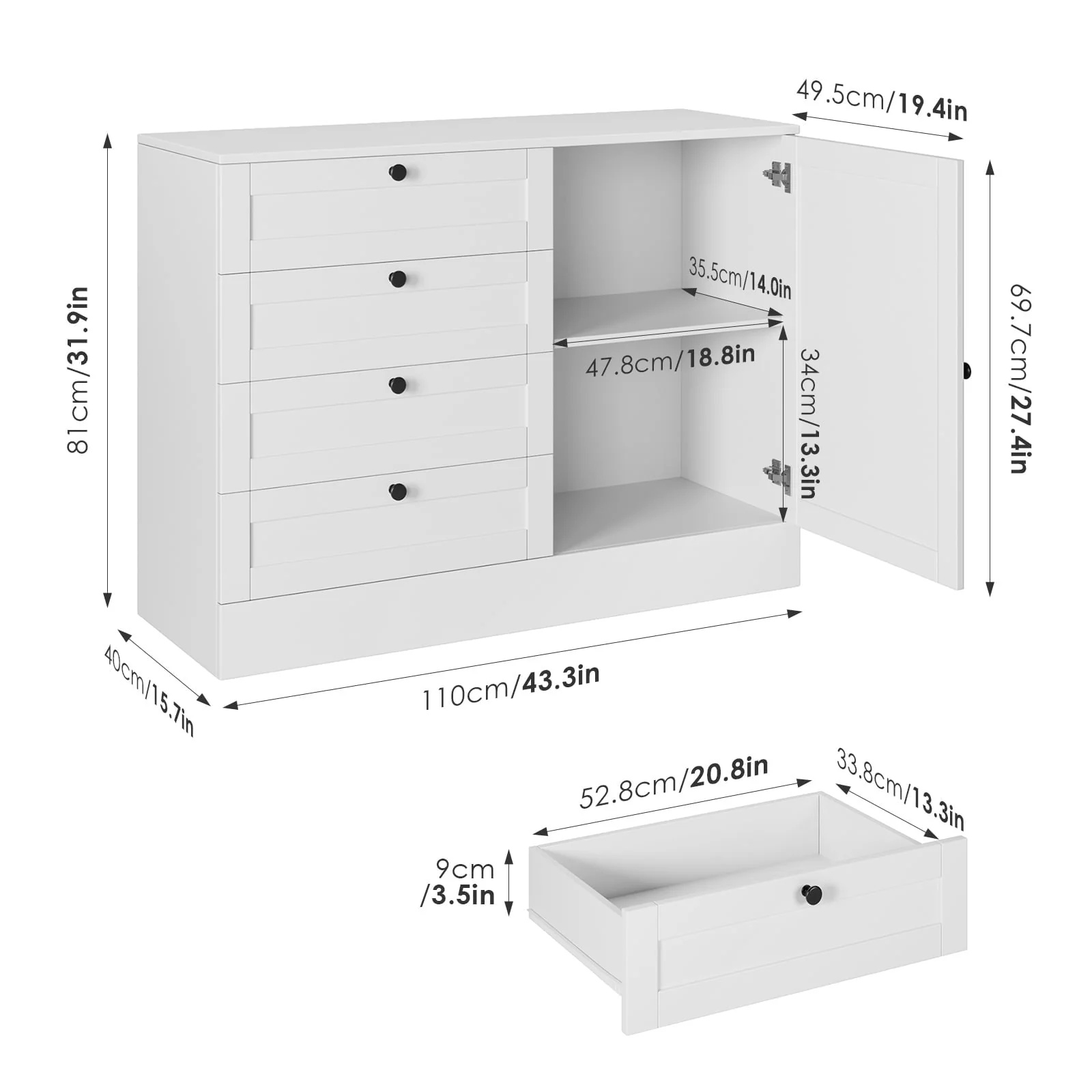 Homfa White Storage Cabinet with 4 Drawers & 1 Door, 43.3'' Wide Chest Sideboard Buffet for Dining Room, Kitchen, Bedroom - Image 2