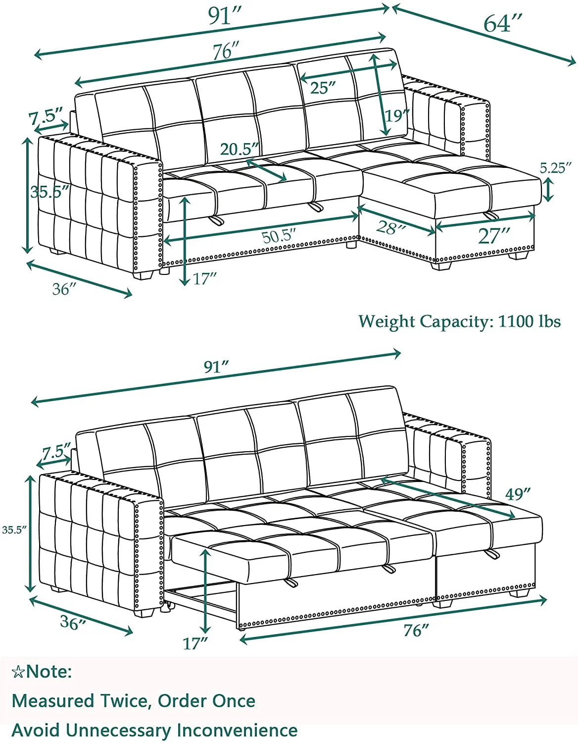 Morden Fort Sectional Sleeper Sofa with Storage & Reversible L Shape Velvet Gray - Image 7