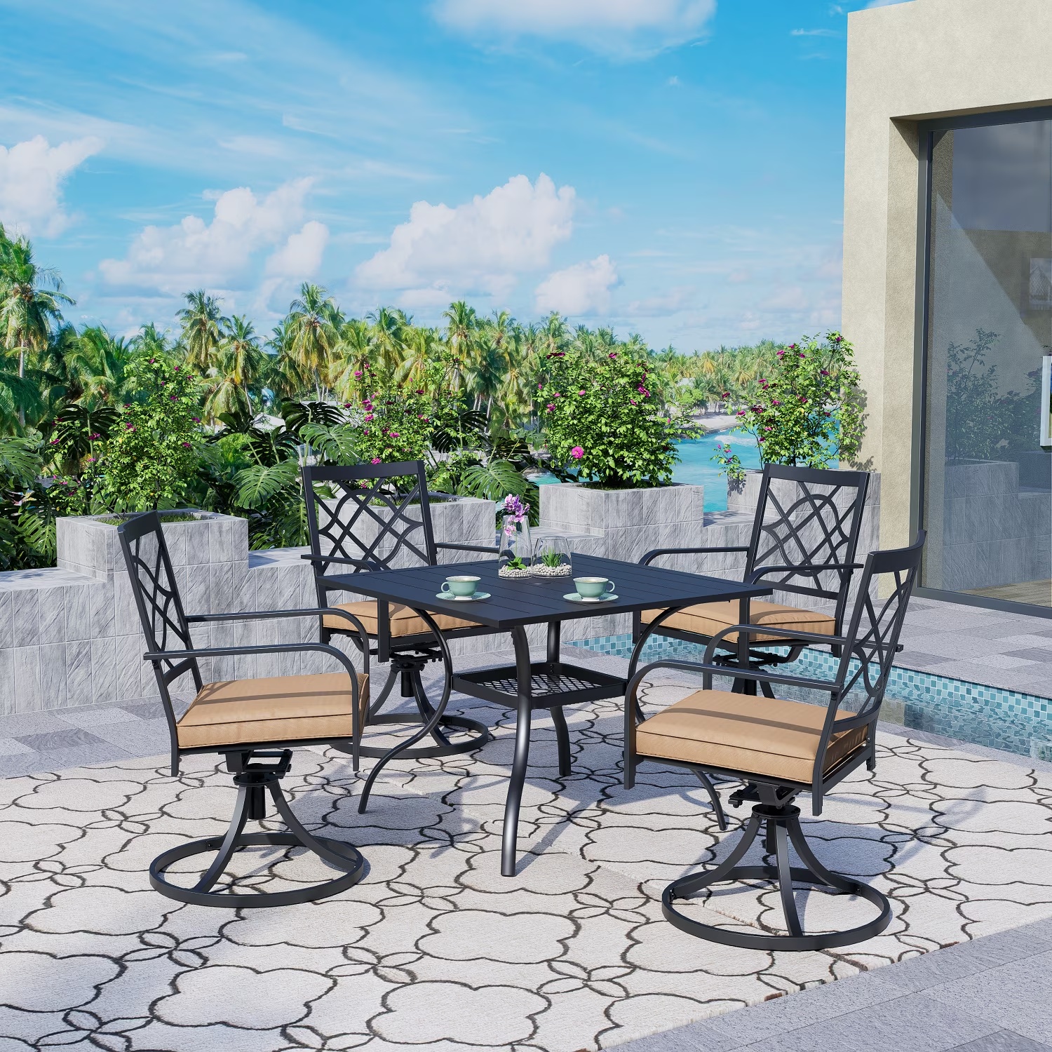 SUNCROWN 7-Piece Outdoor Wrought Iron Chairs and Table Patio Dining Furniture Set - 6 Stackable Metal Chairs, 1 Steel Slat Bistro Table and 1 Brown 9Ft Patio Umbrella for Garden Backyard Deck - Image 18