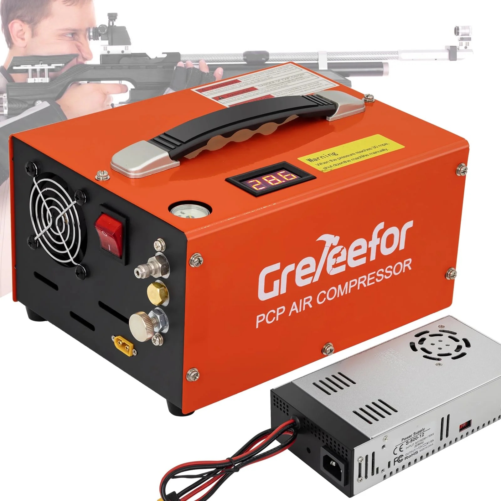 Greteefor PCP Air Compressor, Built-in 600W Adapter, 4500Psi/30Mpa, 350W Motor, 12V DC or 110V/220V AC Power, Auto Stop, Water/Oil free &Cooling Fan for Air Rifle, Paintball, HPA Tanks LightWeight - Image 7
