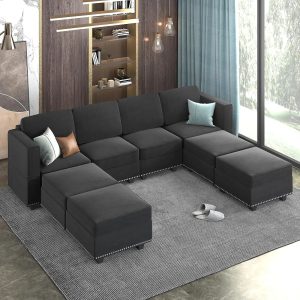 Mjkone Modular Sectional Sofa with Adjustable Armrest and Backrest for Living Room,U/L Shaped Couch 8 Seater Convertible Sectional Couch with Storage Ottoman for Living Room,Dark Grey