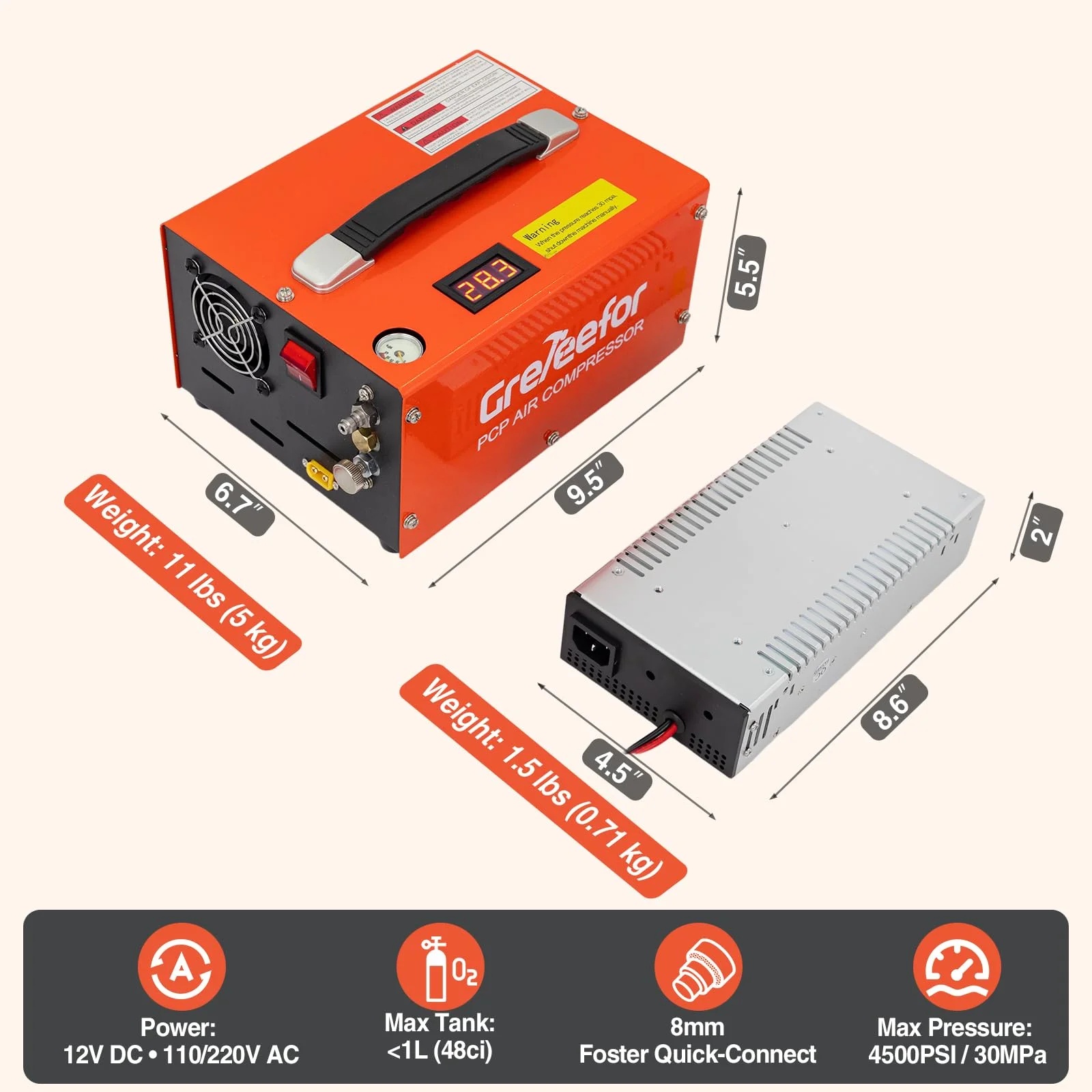 Greteefor PCP Air Compressor, Built-in 600W Adapter, 4500Psi/30Mpa, 350W Motor, 12V DC or 110V/220V AC Power, Auto Stop, Water/Oil free &Cooling Fan for Air Rifle, Paintball, HPA Tanks LightWeight - Image 6