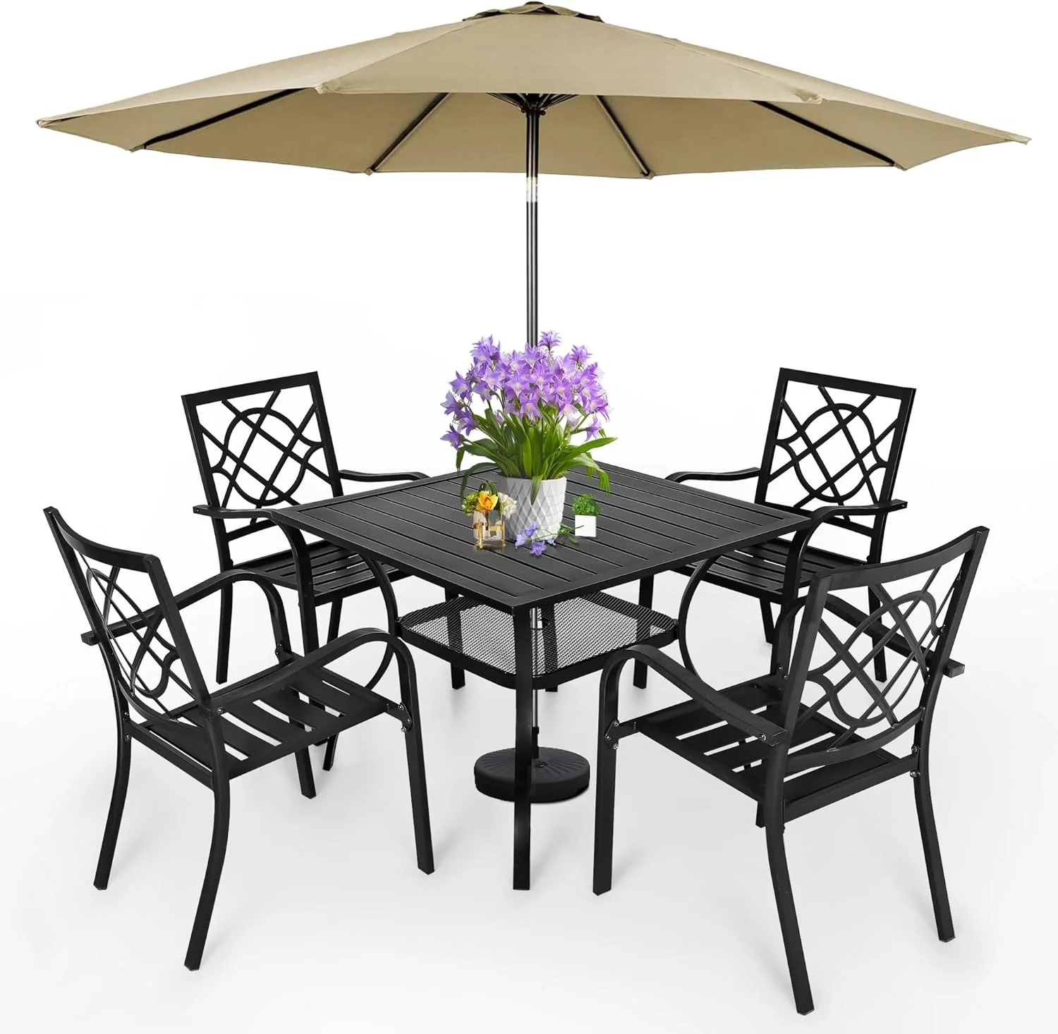 SUNCROWN 7-Piece Outdoor Wrought Iron Chairs and Table Patio Dining Furniture Set - 6 Stackable Metal Chairs, 1 Steel Slat Bistro Table and 1 Brown 9Ft Patio Umbrella for Garden Backyard Deck - Image 80