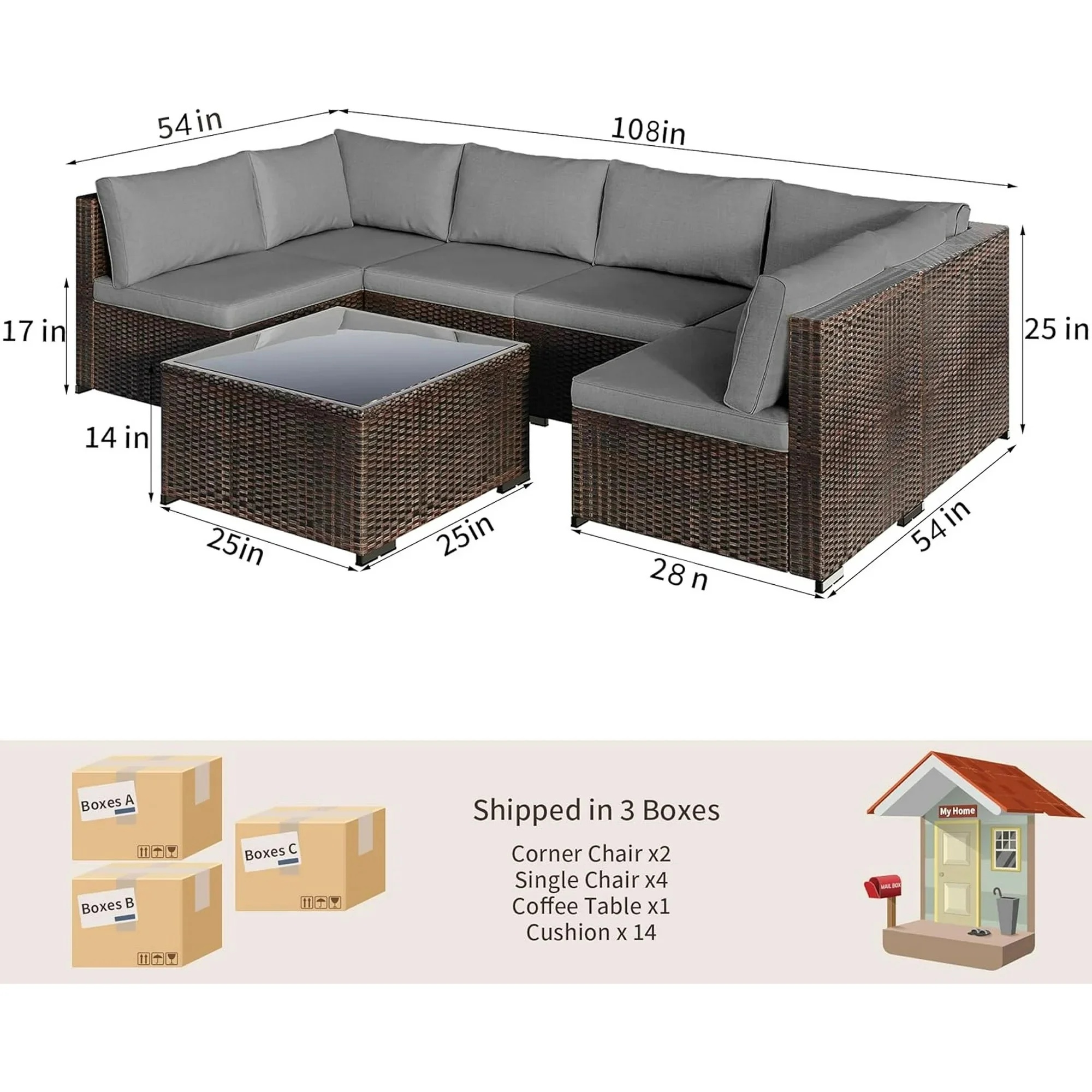 7 Pieces Outdoor Patio Furniture Set, Lofka PE Rattan Sectional Sofa with Tempered Glass Coffee Table & All-Weather Cushions, Patio Conversation Set for Garden, Poolside (Grey) - Image 2
