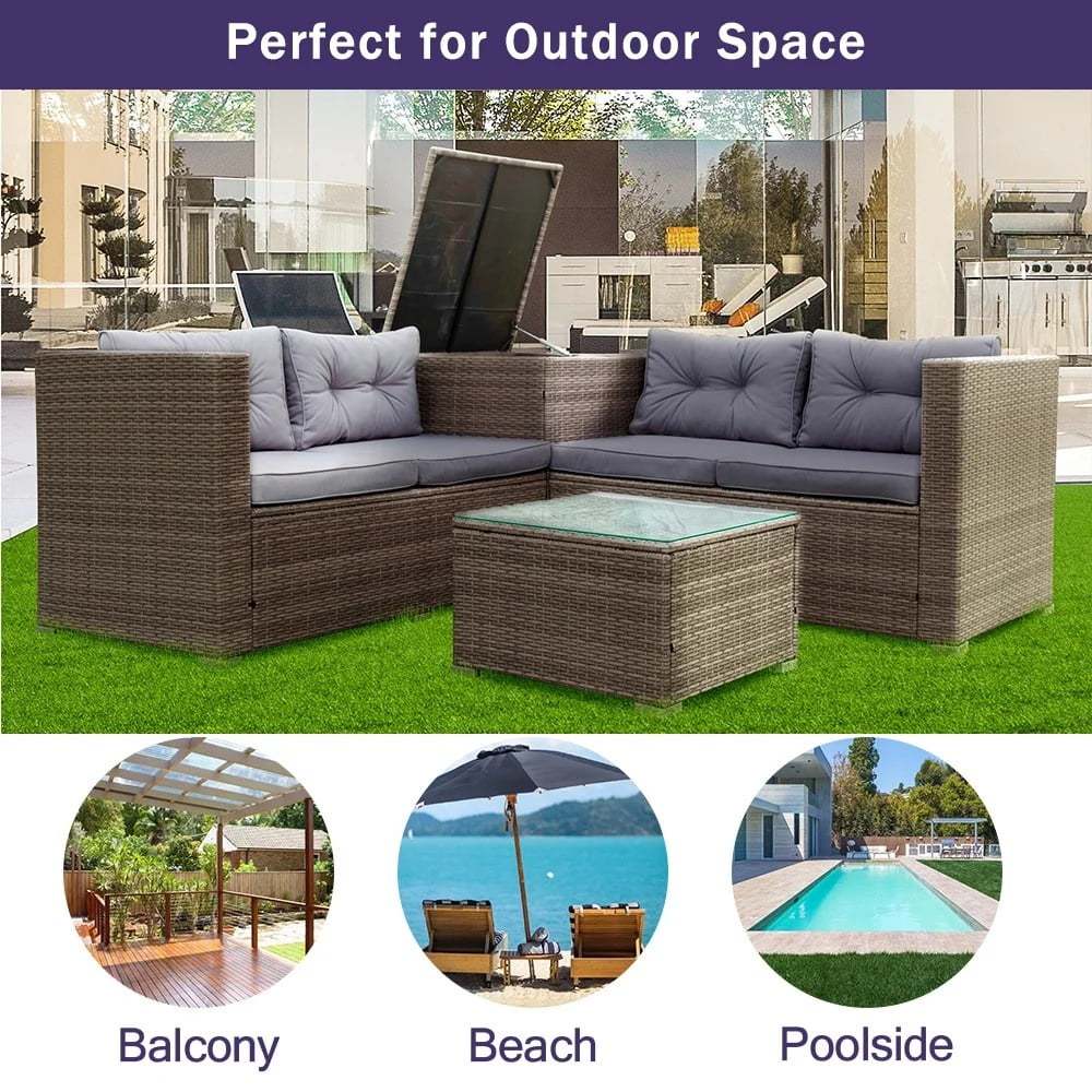 UHOMEPRO 4-Piece Rattan Patio Furniture Sets, All-Weather PE Wicker Patio Conversation Set with Storage Box, Glass Coffee Table, Outdoor Sectional Sofa Set for Backyard Patio Garden Poolside, Gray - Image 8