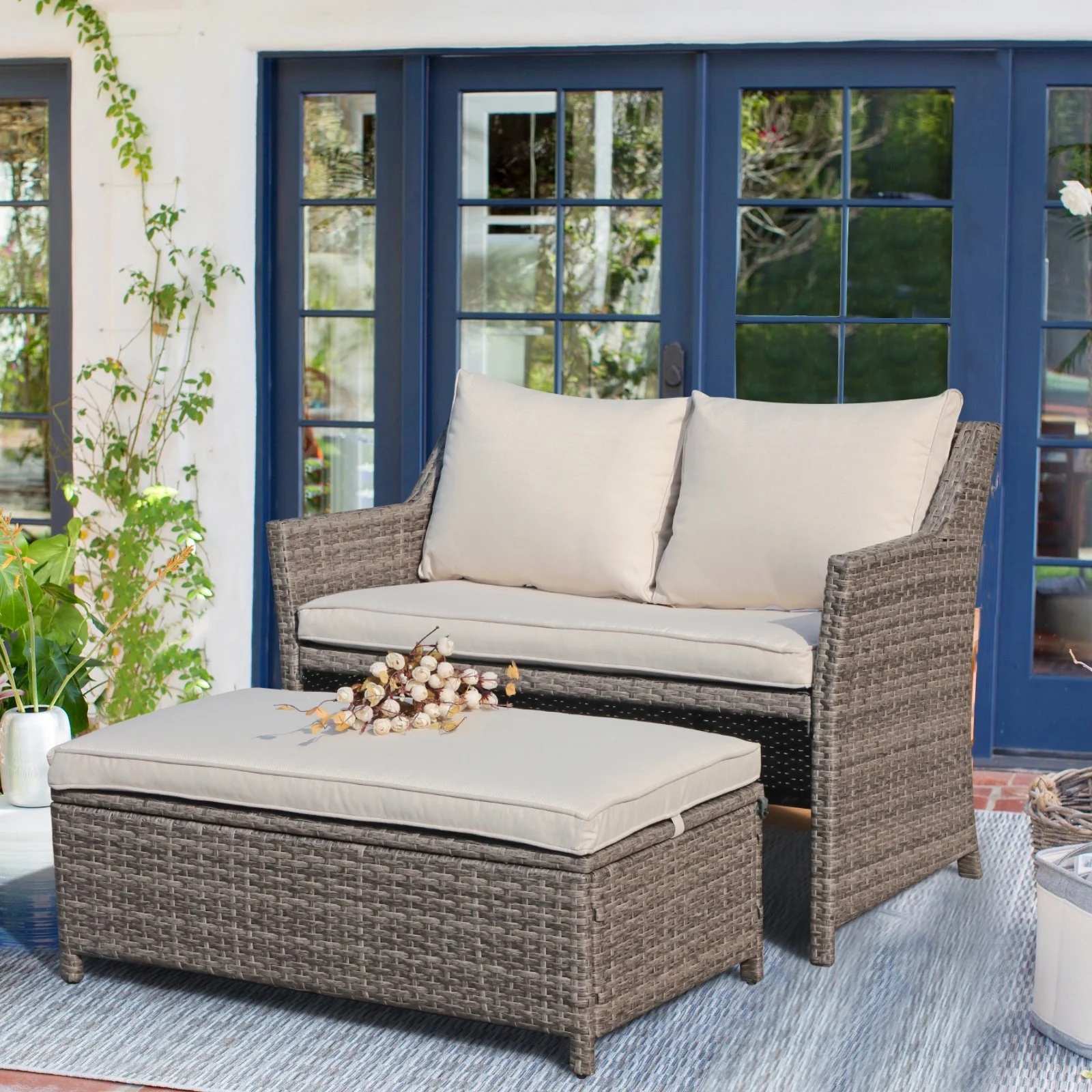 Outdoor Wicker Love Seat and Coffee Table Set, Weather Resistant Grey Rattan, Patio Furniture with Gray Cushions & Storage Bin - Image 18